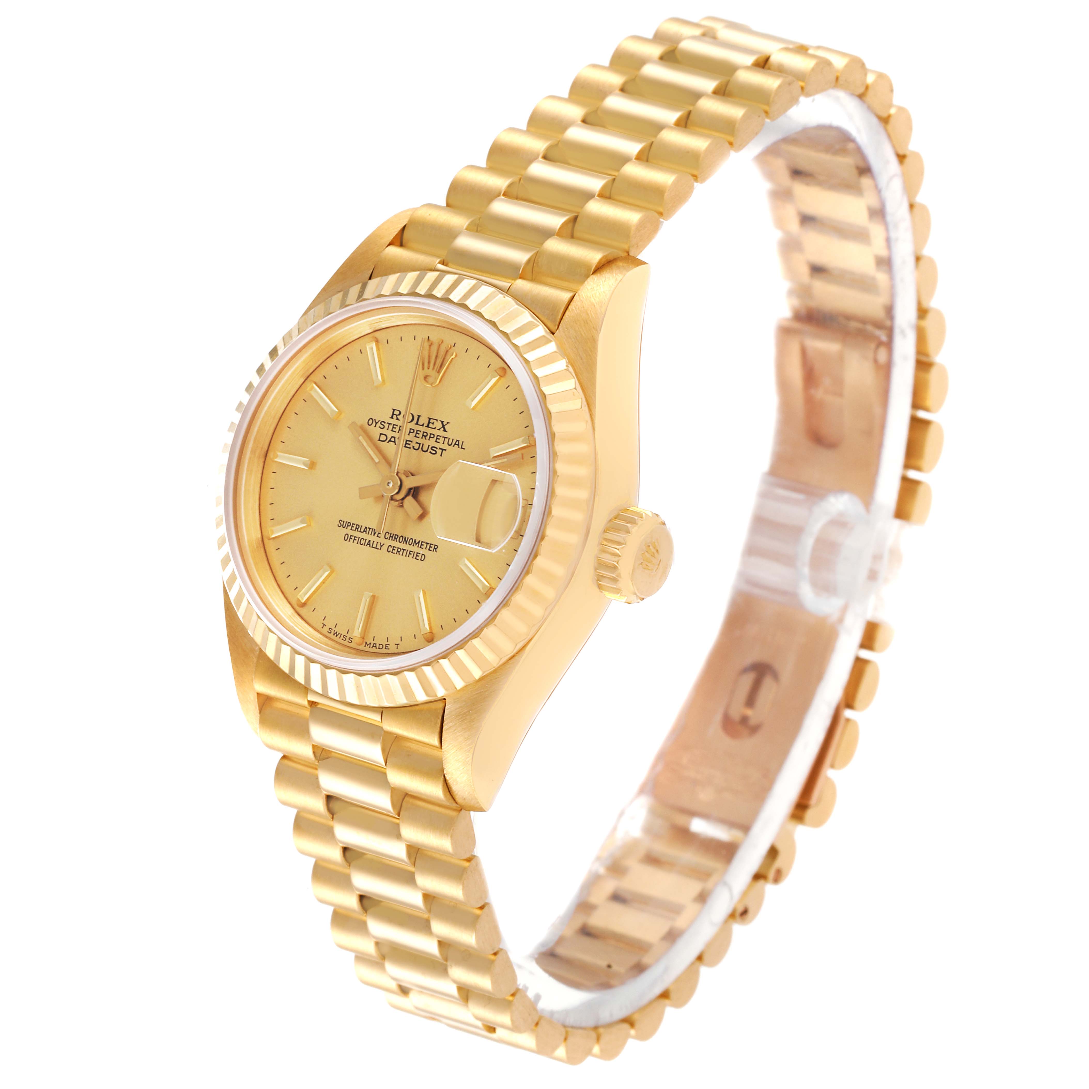 The image shows a Rolex President 69178 Women
s Yellow Gold Champagne Dial 69178 Women
s Yellow Gold Champagne Dial model watch at a three-quarter angle, highlighting its gold bracelet, dial, and fluted bezel.