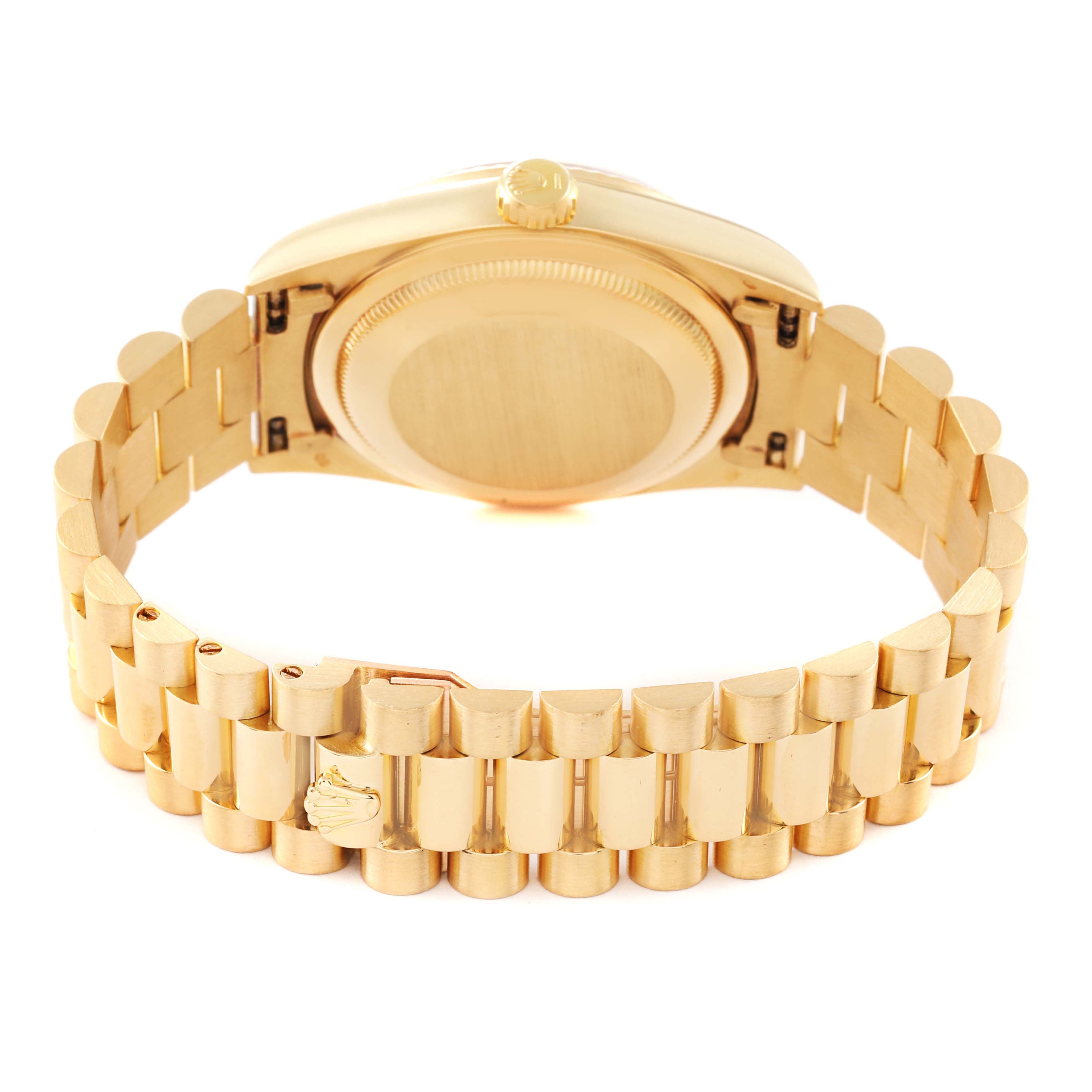 The image shows the back side and bracelet of a Rolex President 18238 Men's Yellow Gold Champagne Dial 18238 Men's Yellow Gold Champagne Dial model watch.