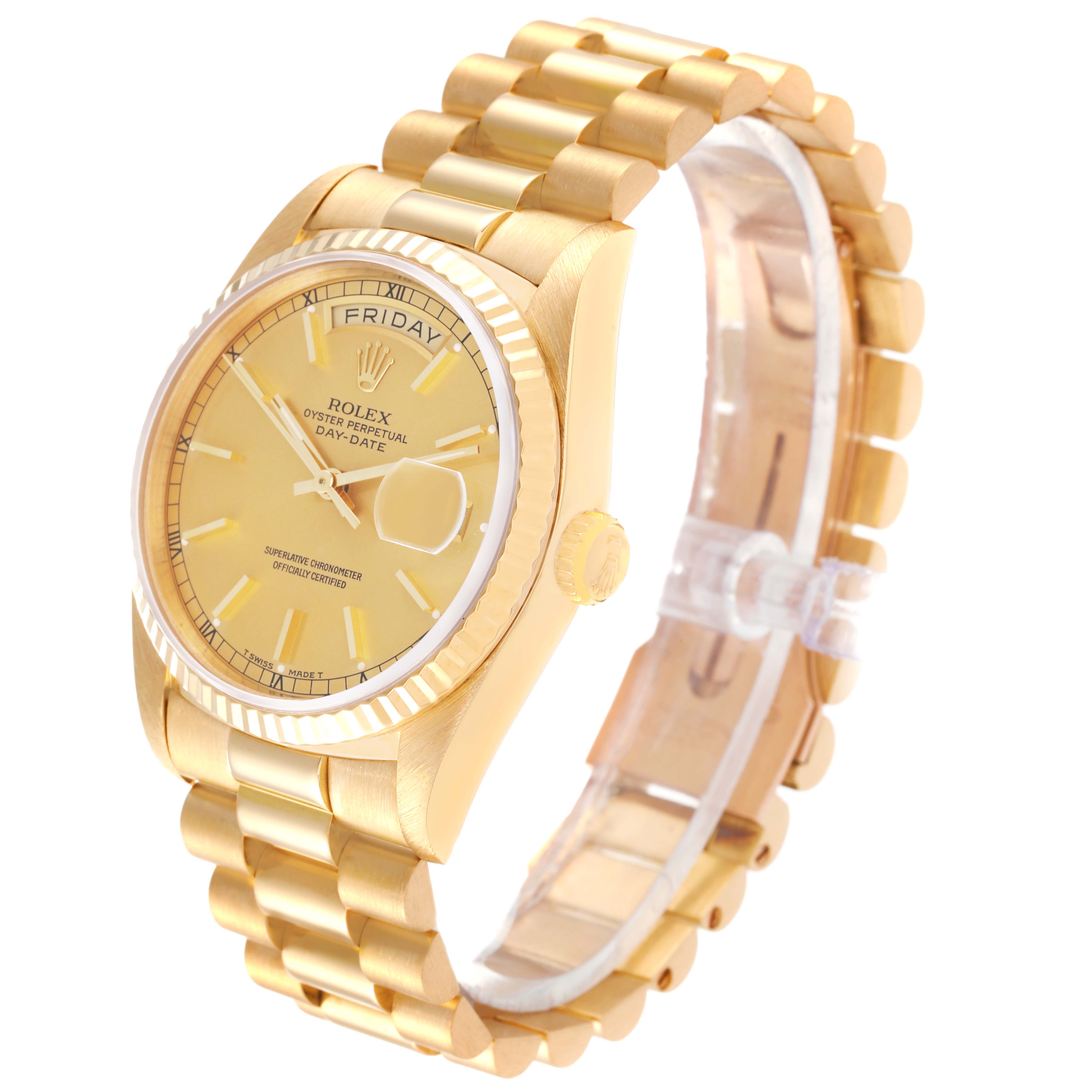 The image shows a Rolex President 18238 Men's Yellow Gold Champagne Dial 18238 Men's Yellow Gold Champagne Dial model watch at a three-quarter angle, displaying the dial, bezel, crown, and part of the bracelet.