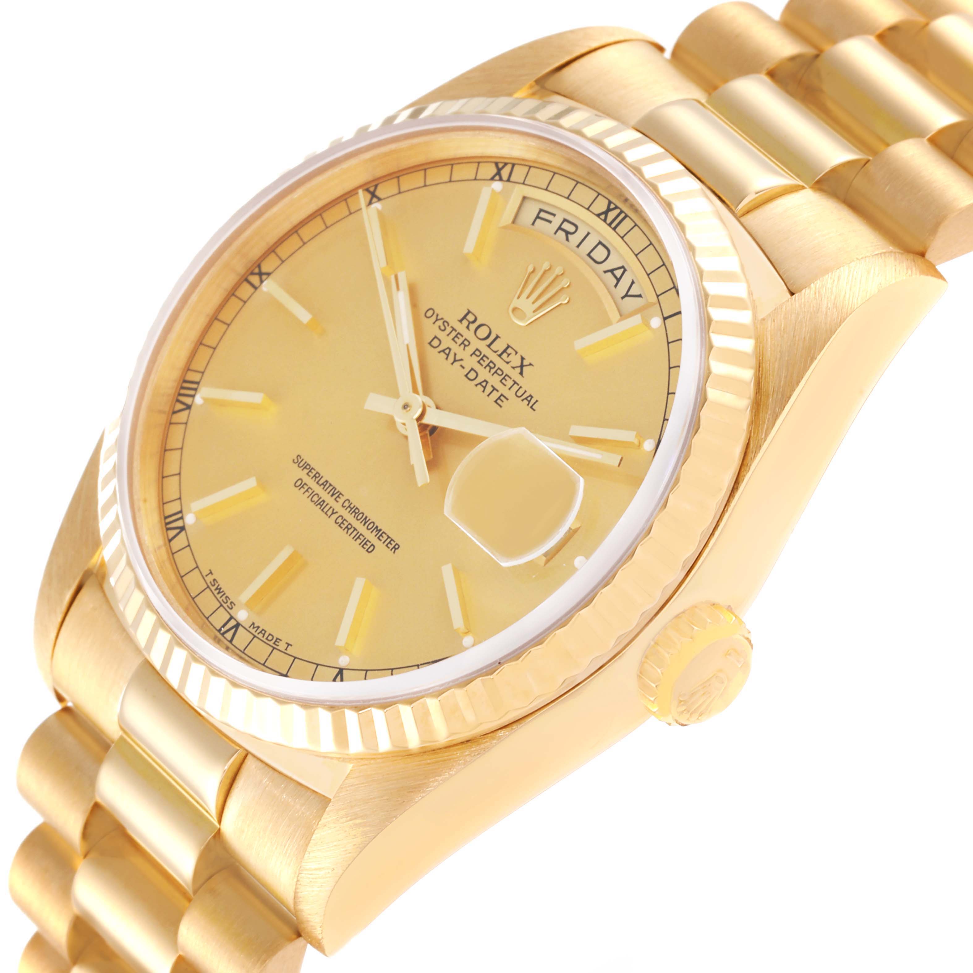 The image shows a Rolex President 18238 Men's Yellow Gold Champagne Dial 18238 Men's Yellow Gold Champagne Dial model watch at an angle highlighting the dial, date window, and part of the bracelet.