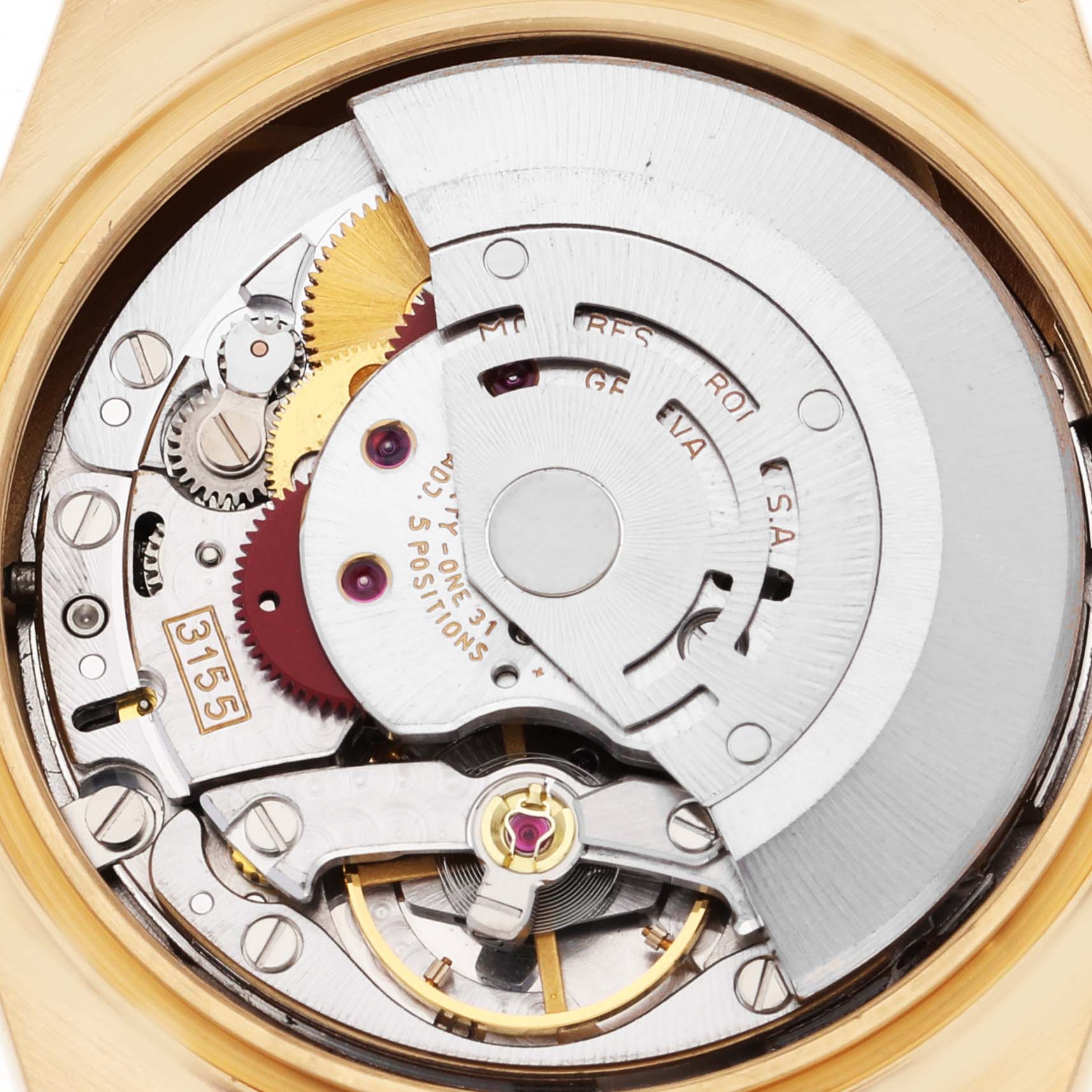 The image shows the inner movement and mechanical components of a Rolex President 18238 Men's Yellow Gold Champagne Dial 18238 Men's Yellow Gold Champagne Dial model watch.