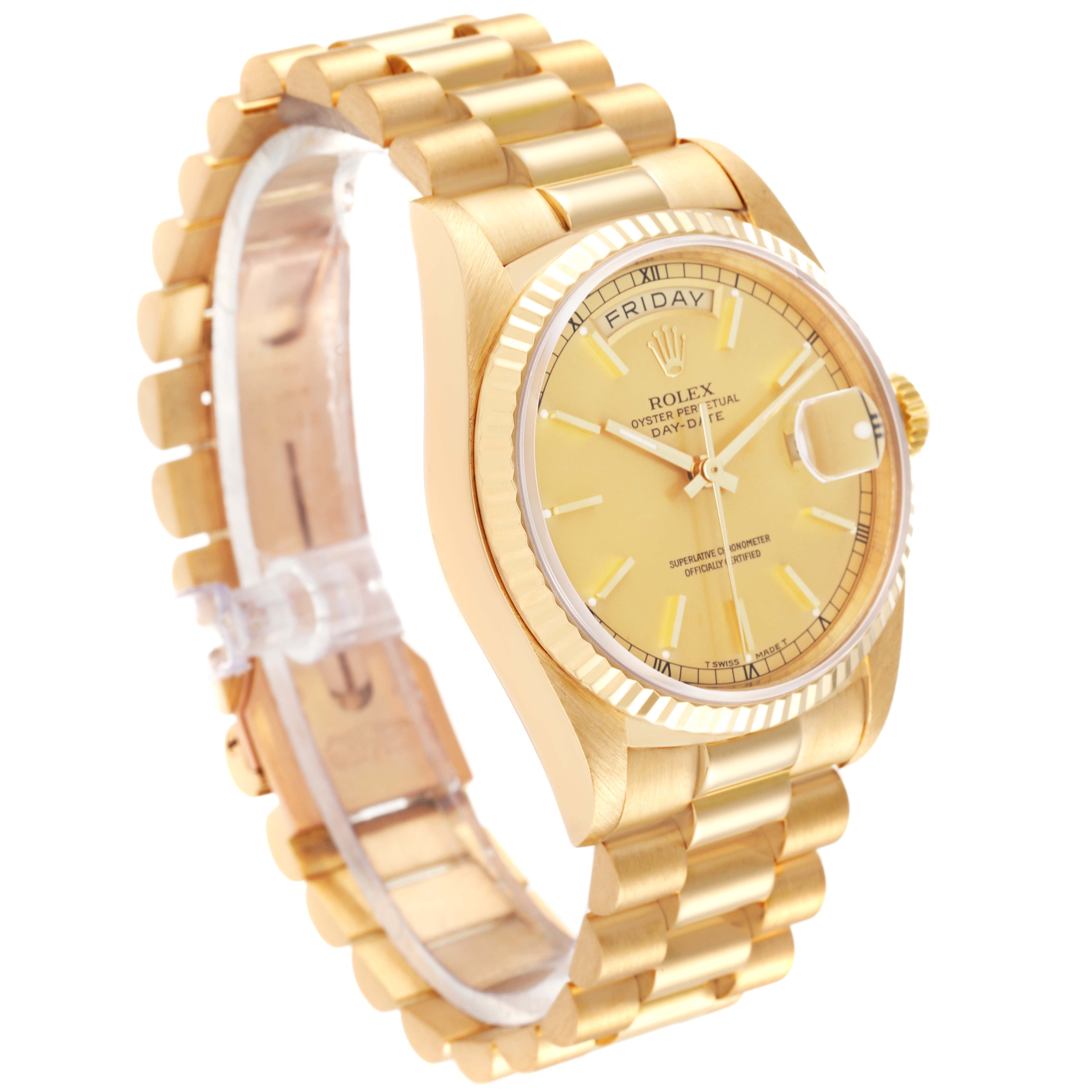 The Rolex President 18238 Men's Yellow Gold Champagne Dial 18238 Men's Yellow Gold Champagne Dial model watch is shown at an angled side view, displaying its bracelet, face, dial, day, and date features.