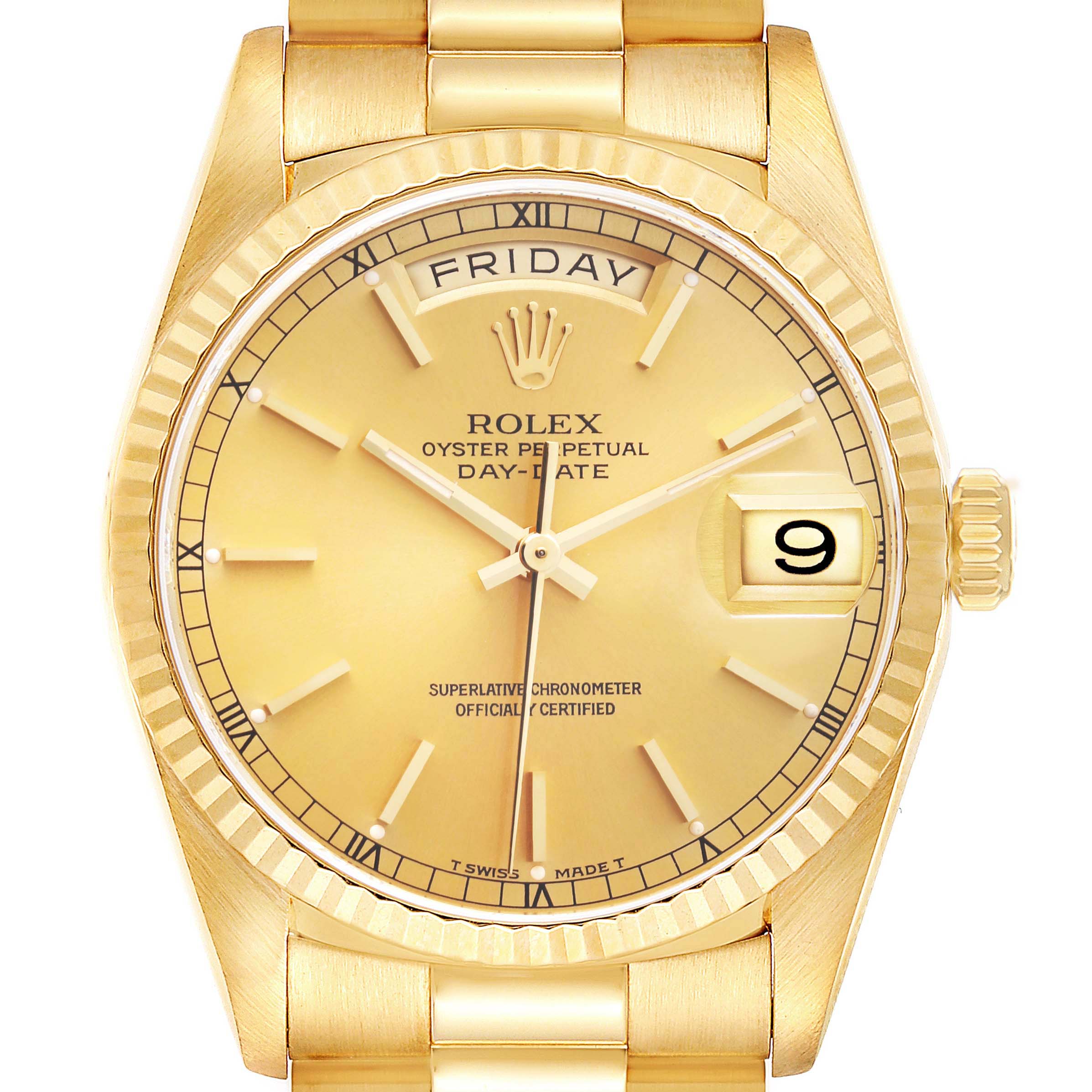 This is a close-up of the Rolex President 18238 Men's Yellow Gold Champagne Dial 18238 Men's Yellow Gold Champagne Dial watch showing its dial, hands, day, date, bezel, and part of the bracelet.