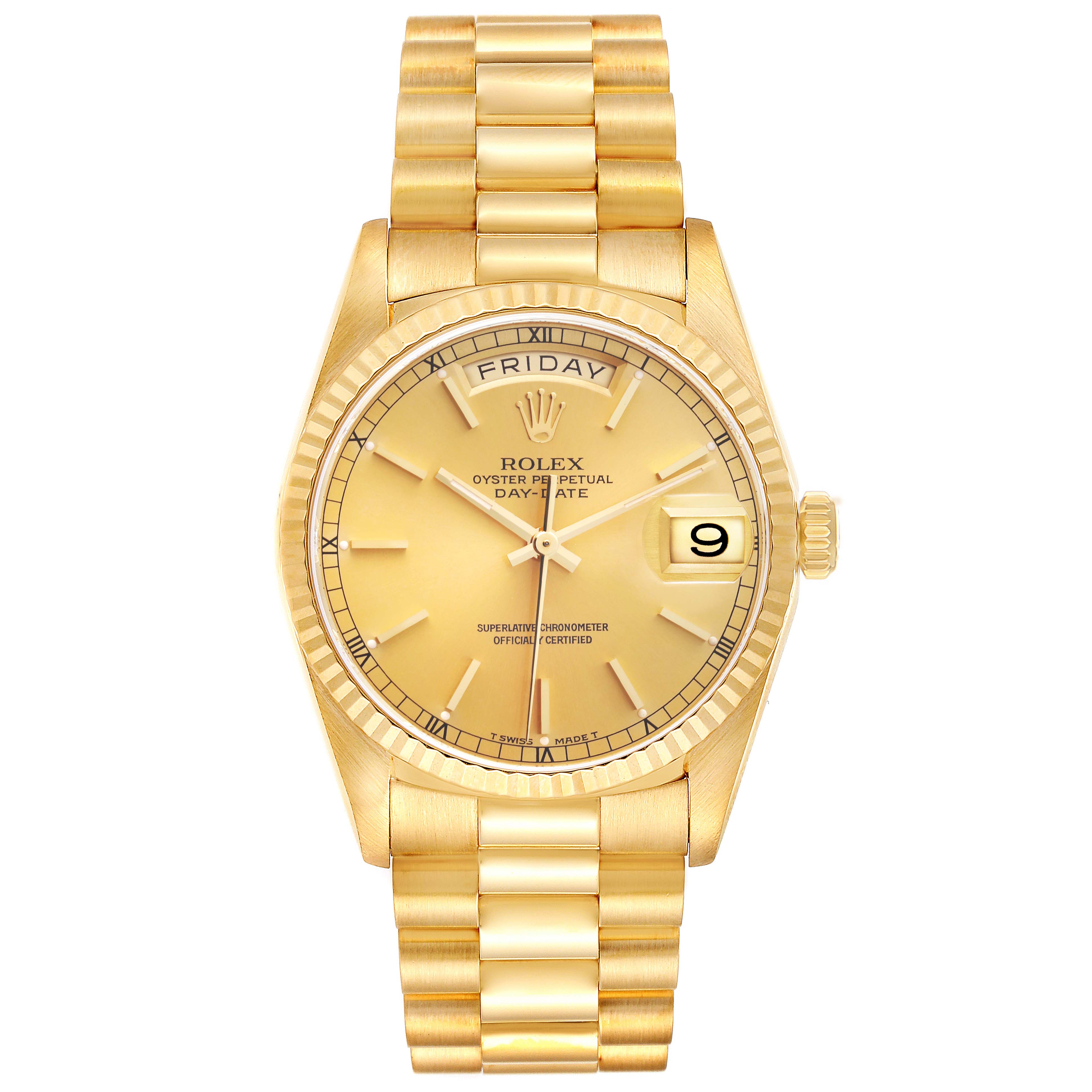 This is a front view of the Rolex President 18238 Men's Yellow Gold Champagne Dial 18238 Men's Yellow Gold Champagne Dial model watch, showing the dial, day-date display, bezel, crown, and bracelet.