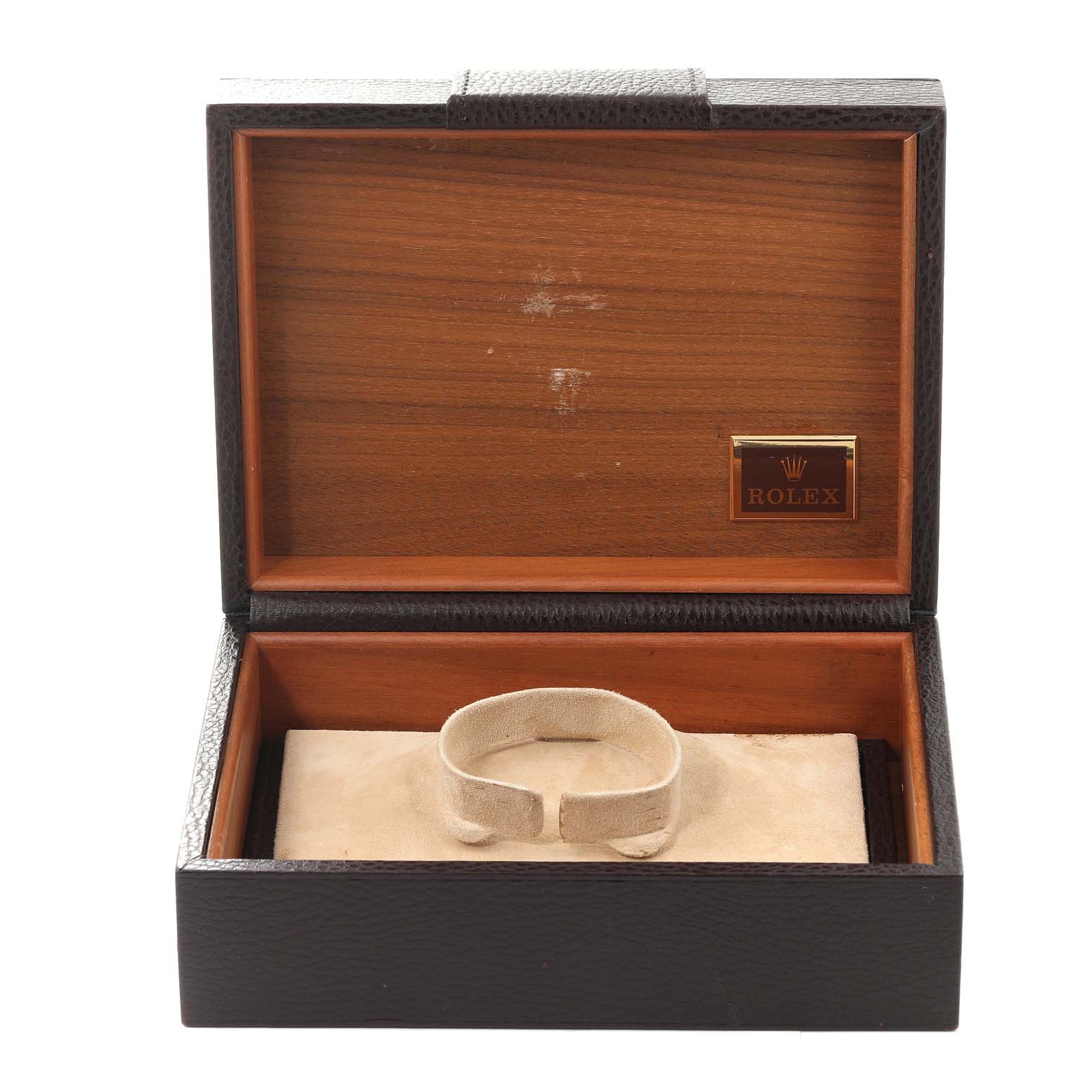 The image shows an open wooden and leather Rolex box for the President model watch with a cushion inside.