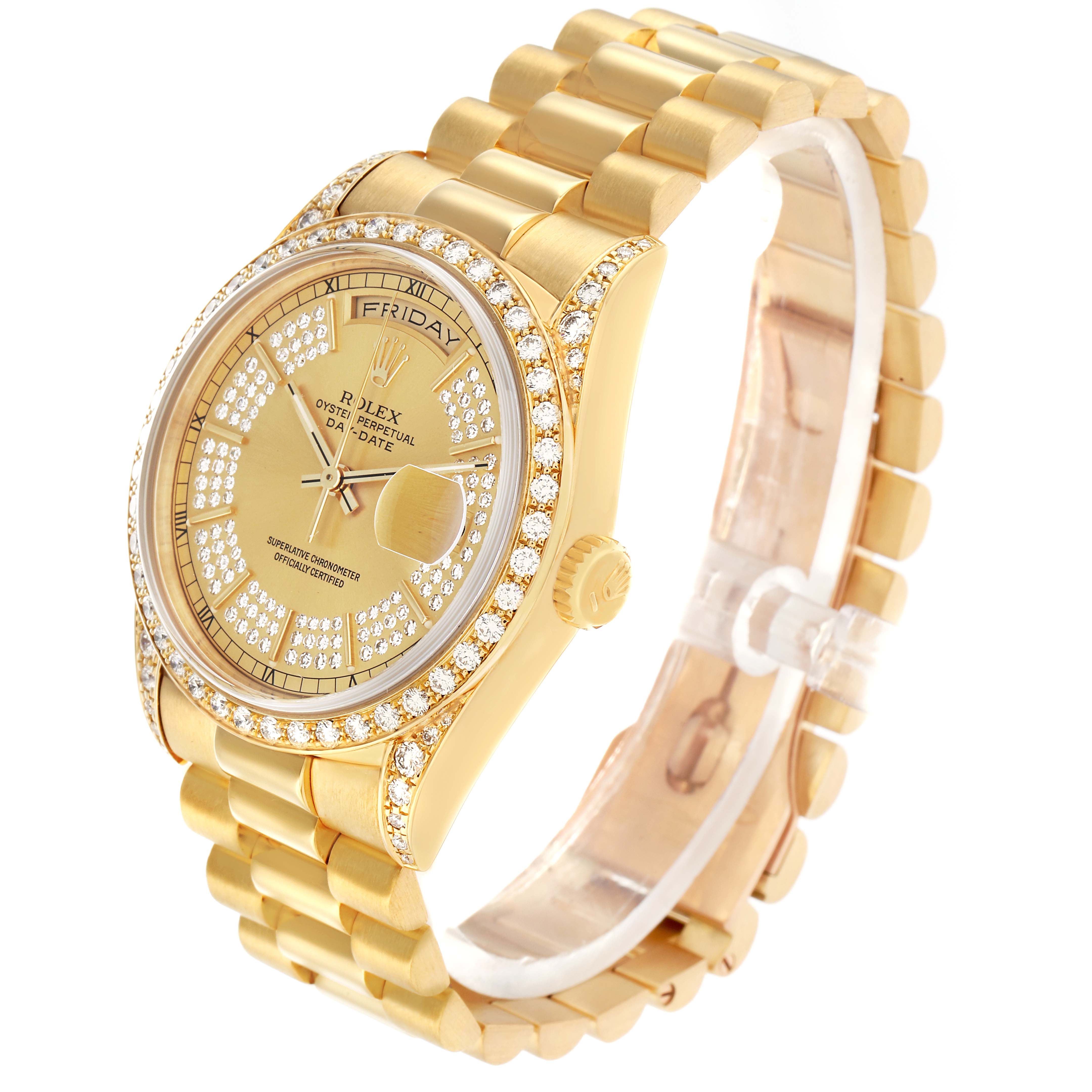 The Rolex President 18388 Men
s Yellow Gold Champagne Dial model watch is shown at a three-quarter angle, highlighting the dial, bezel, bracelet, and crown.