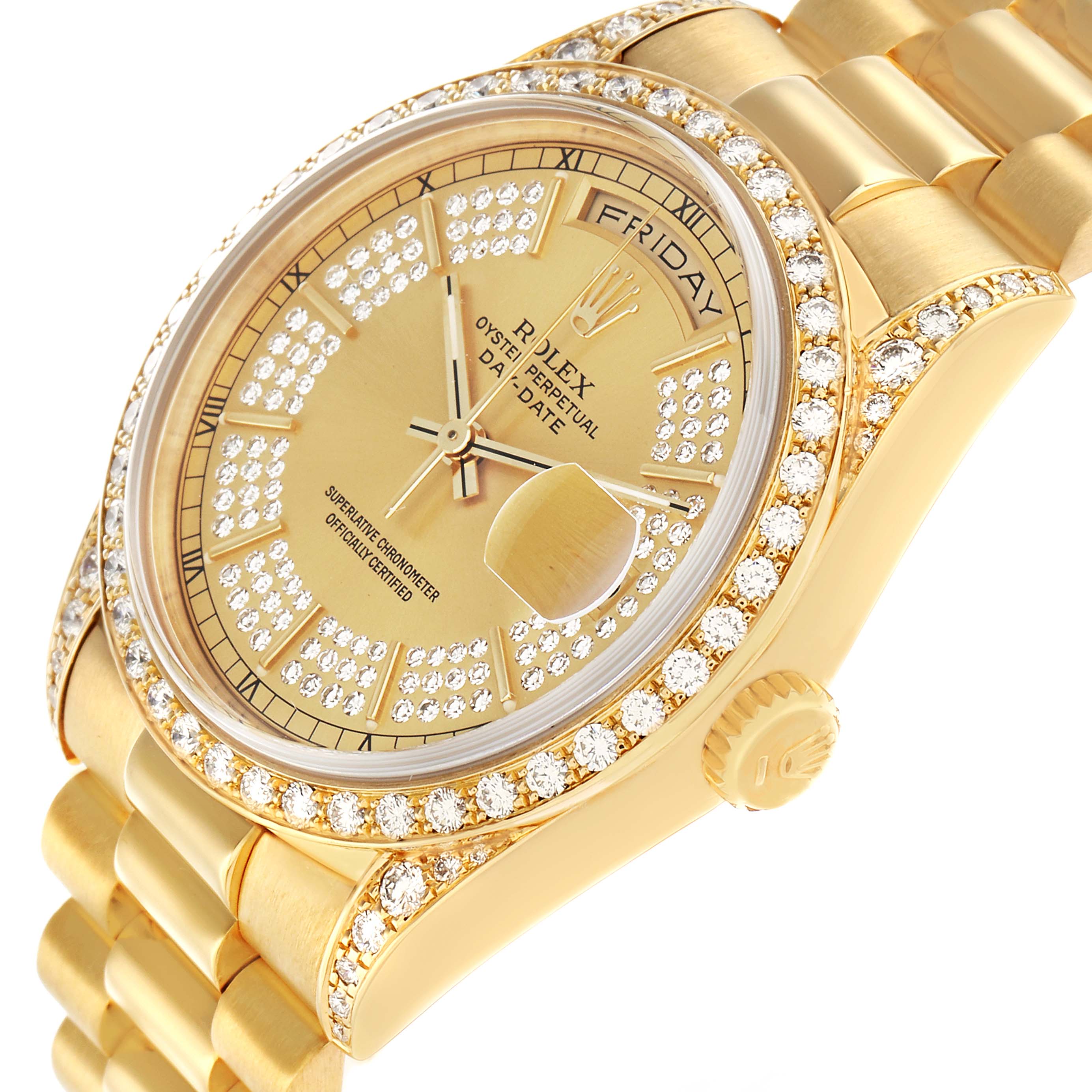 The Rolex President 18388 Men
s Yellow Gold Champagne Dial watch is shown at an angled view focusing on the diamond-encrusted bezel, dial, and part of the bracelet.