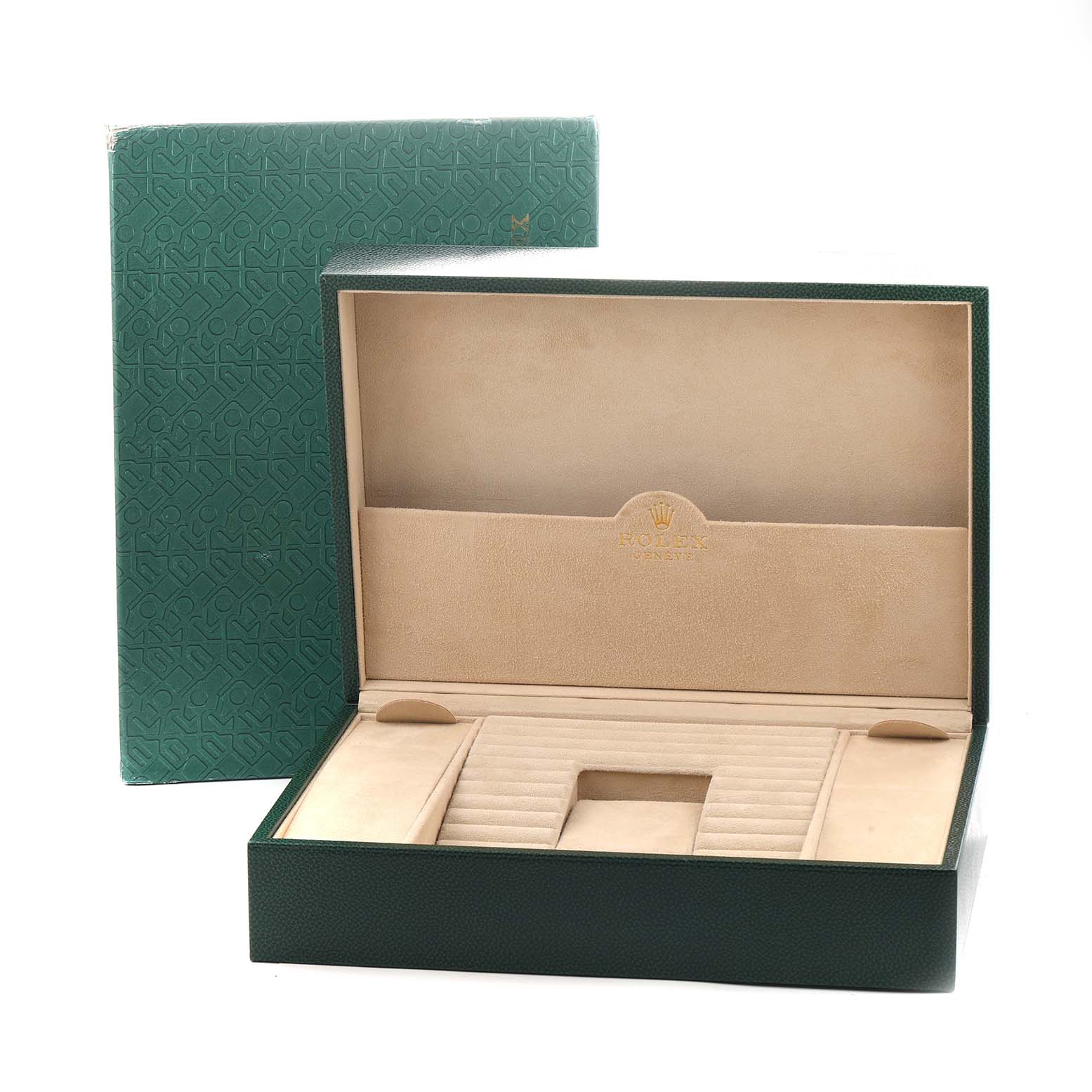 The image shows an open green Rolex President 18388 Men
s Yellow Gold Champagne Dial watch box, displaying its beige interior with compartments.