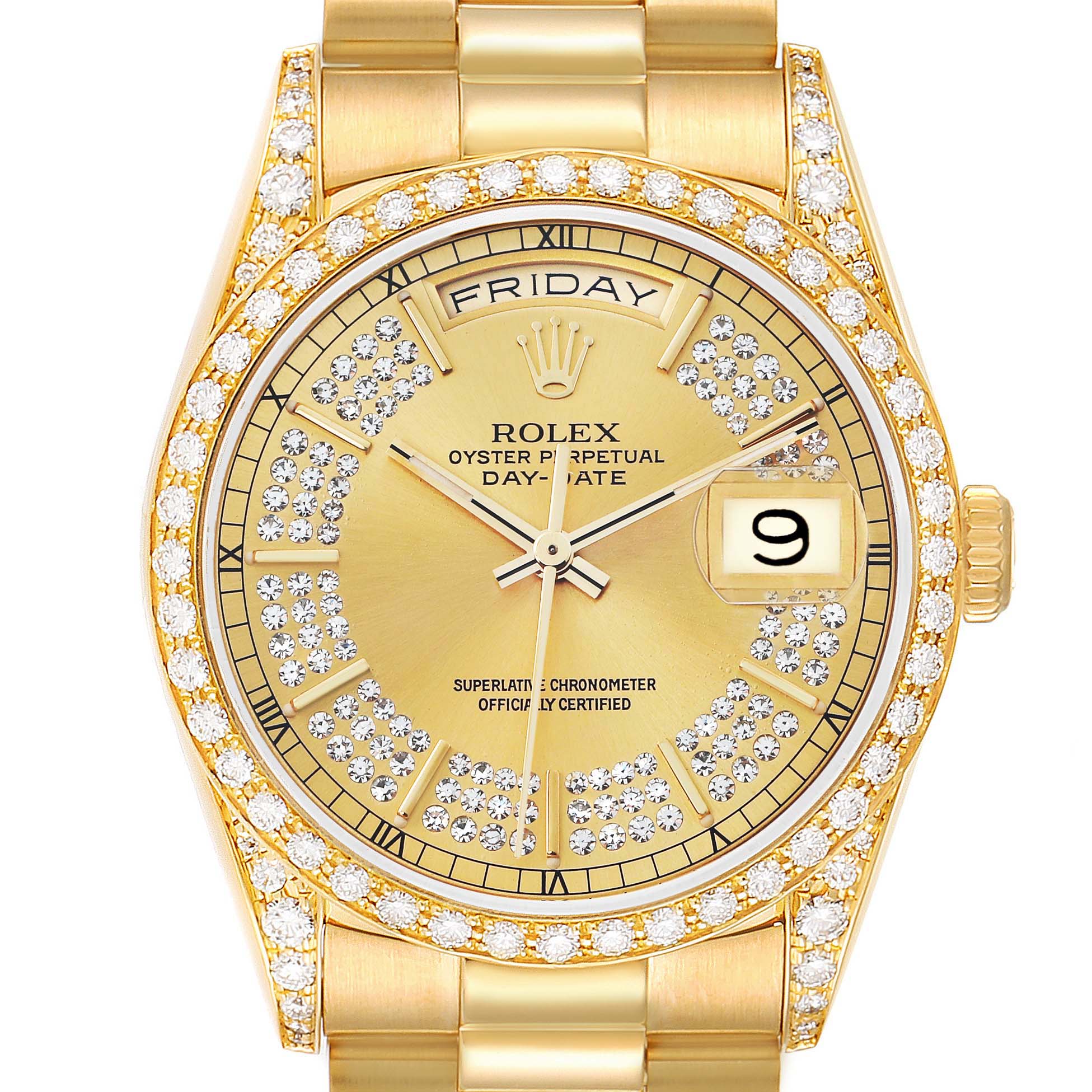 The Rolex President 18388 Men
s Yellow Gold Champagne Dial watch is shown from a top view, highlighting its diamond-studded bezel and gold dial with date and day features.