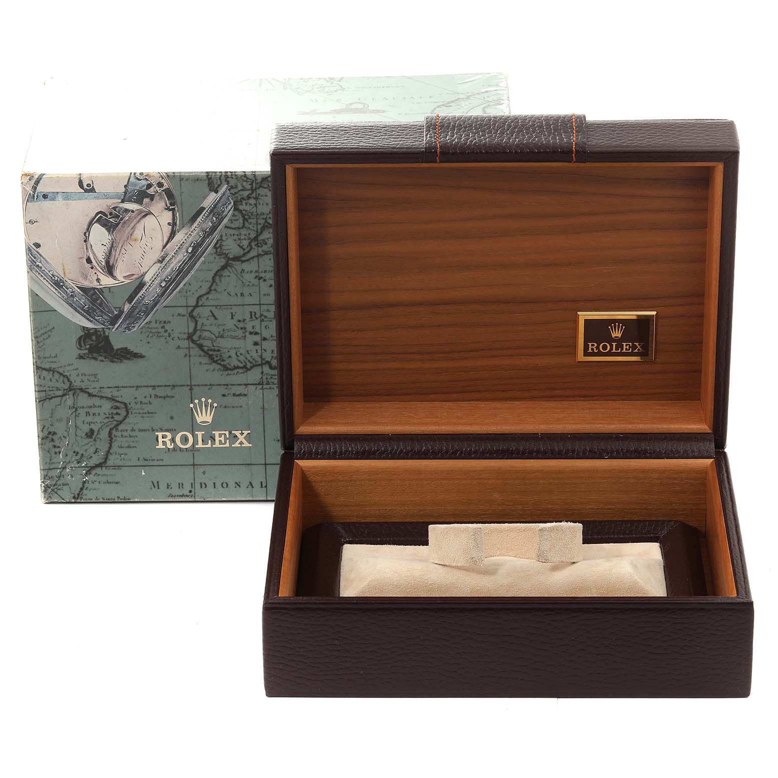 The image shows an empty Rolex President 118338 Men's Yellow Gold  118338 Men's Yellow Gold  watch box and its outer box, viewed from the front.