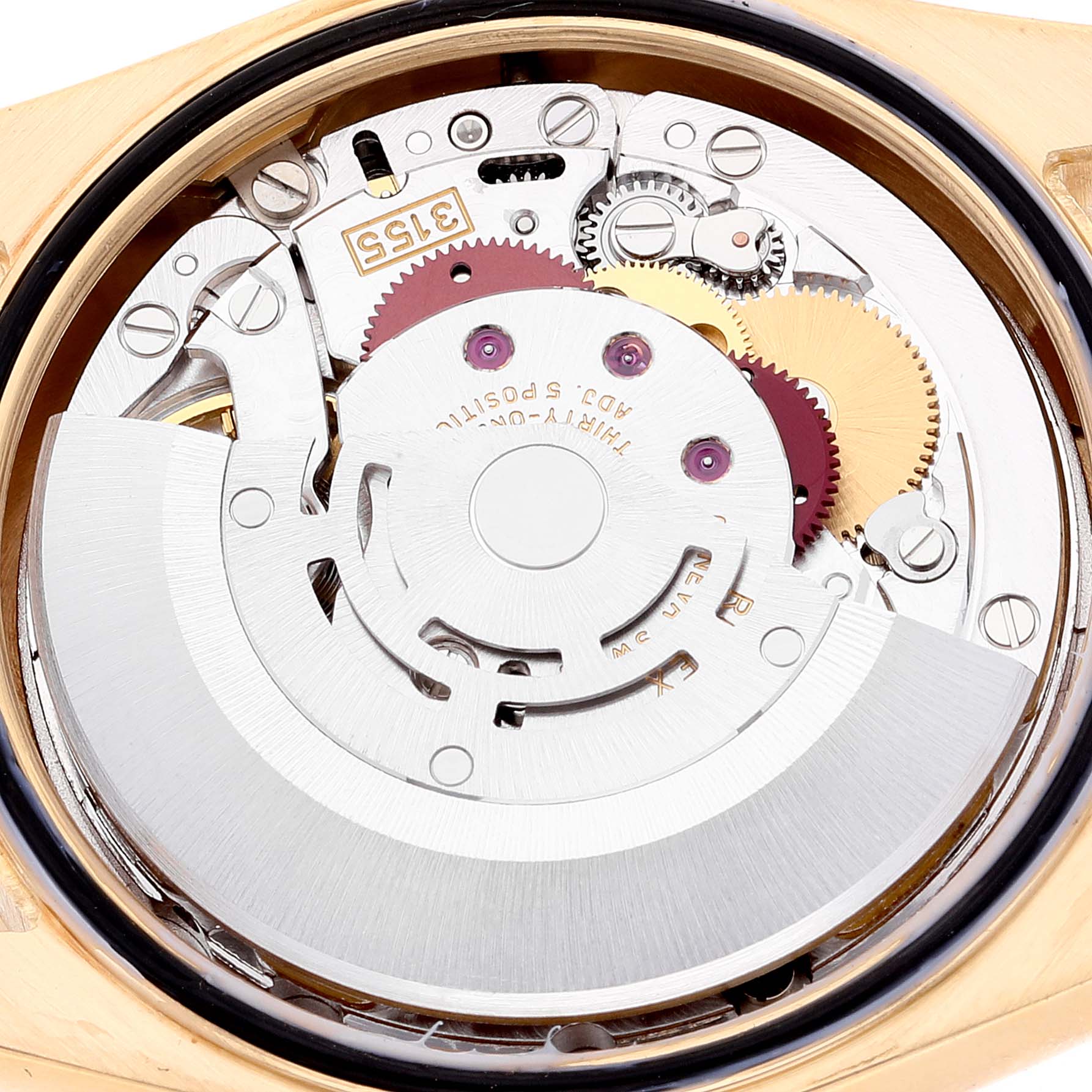 The image shows the intricate movement and internal mechanisms of the Rolex President 118338 Men's Yellow Gold  118338 Men's Yellow Gold  model watch viewed from the back.