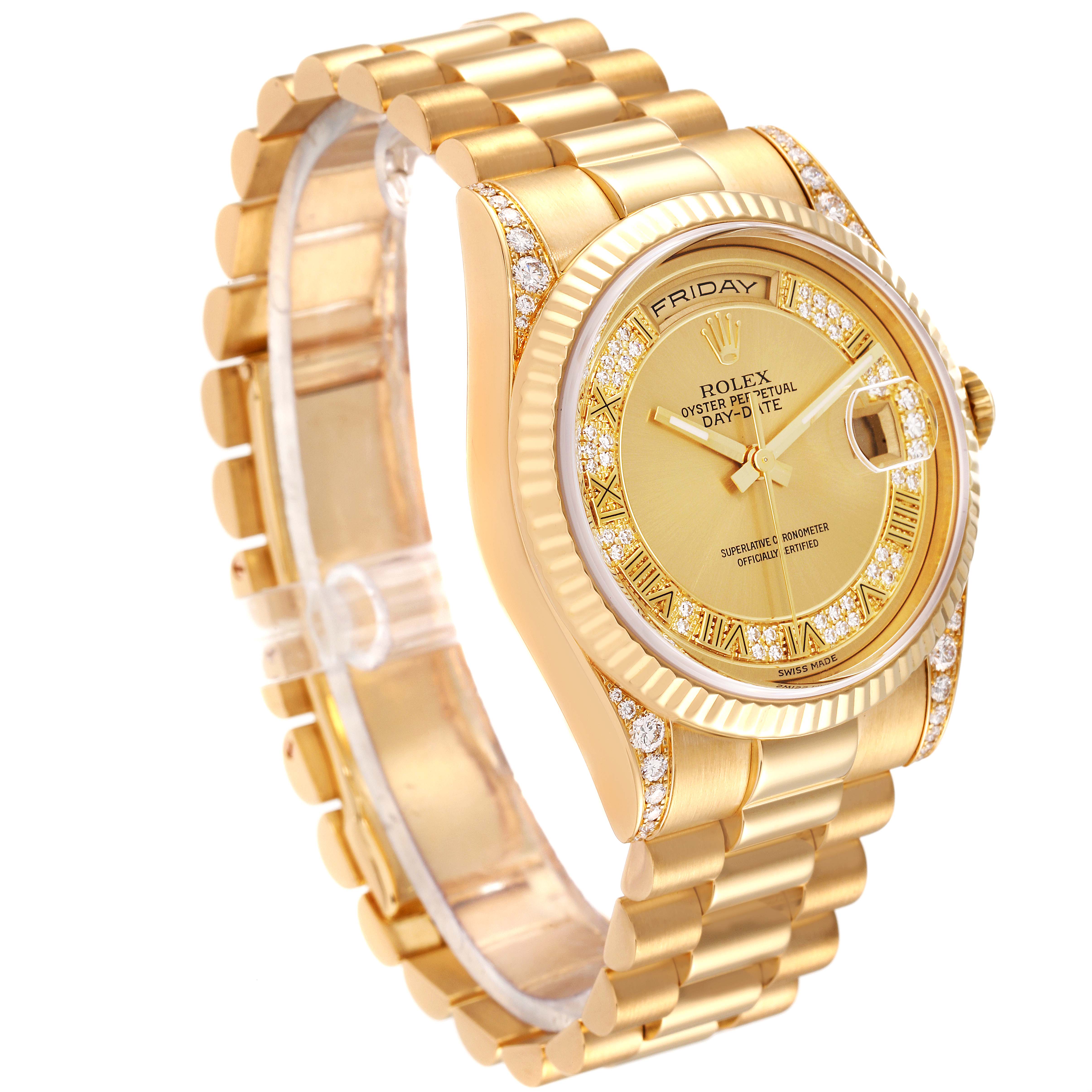 This image shows the Rolex President 118338 Men's Yellow Gold  118338 Men's Yellow Gold  model watch at a slight side angle, highlighting the band, bezel, and dial.