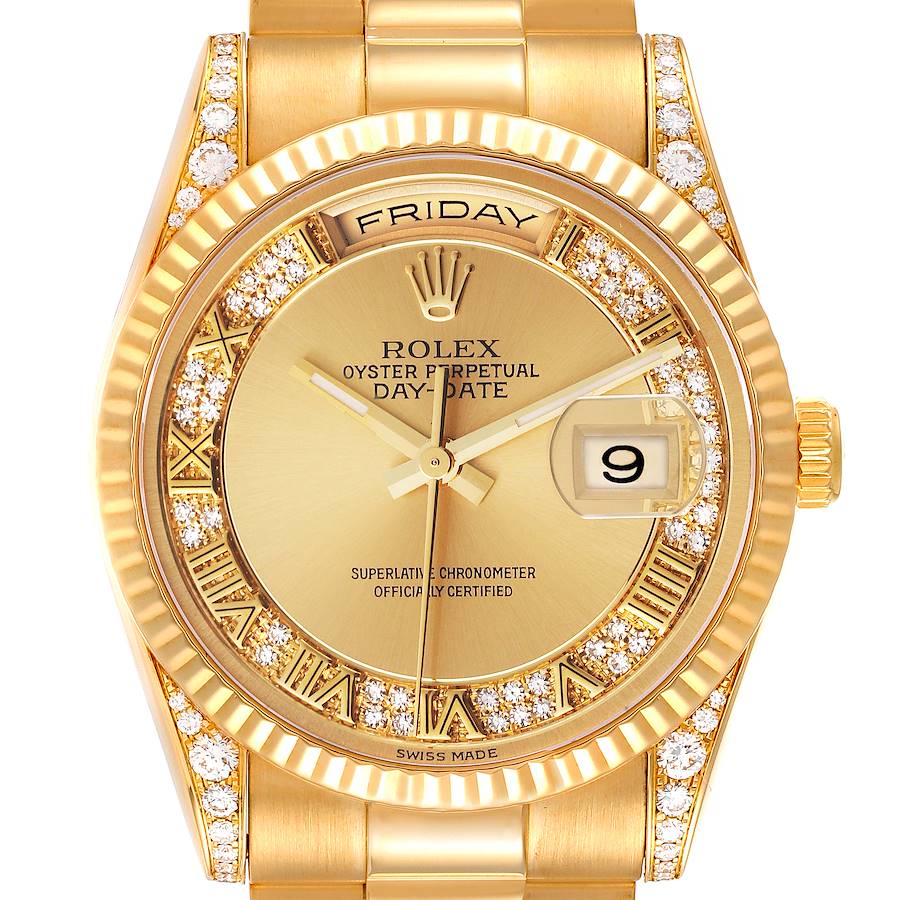 Rolex President Day Date Yellow Gold Myriad Dial Diamond Lugs Mens Watch 118338 Box SwissWatchExpo