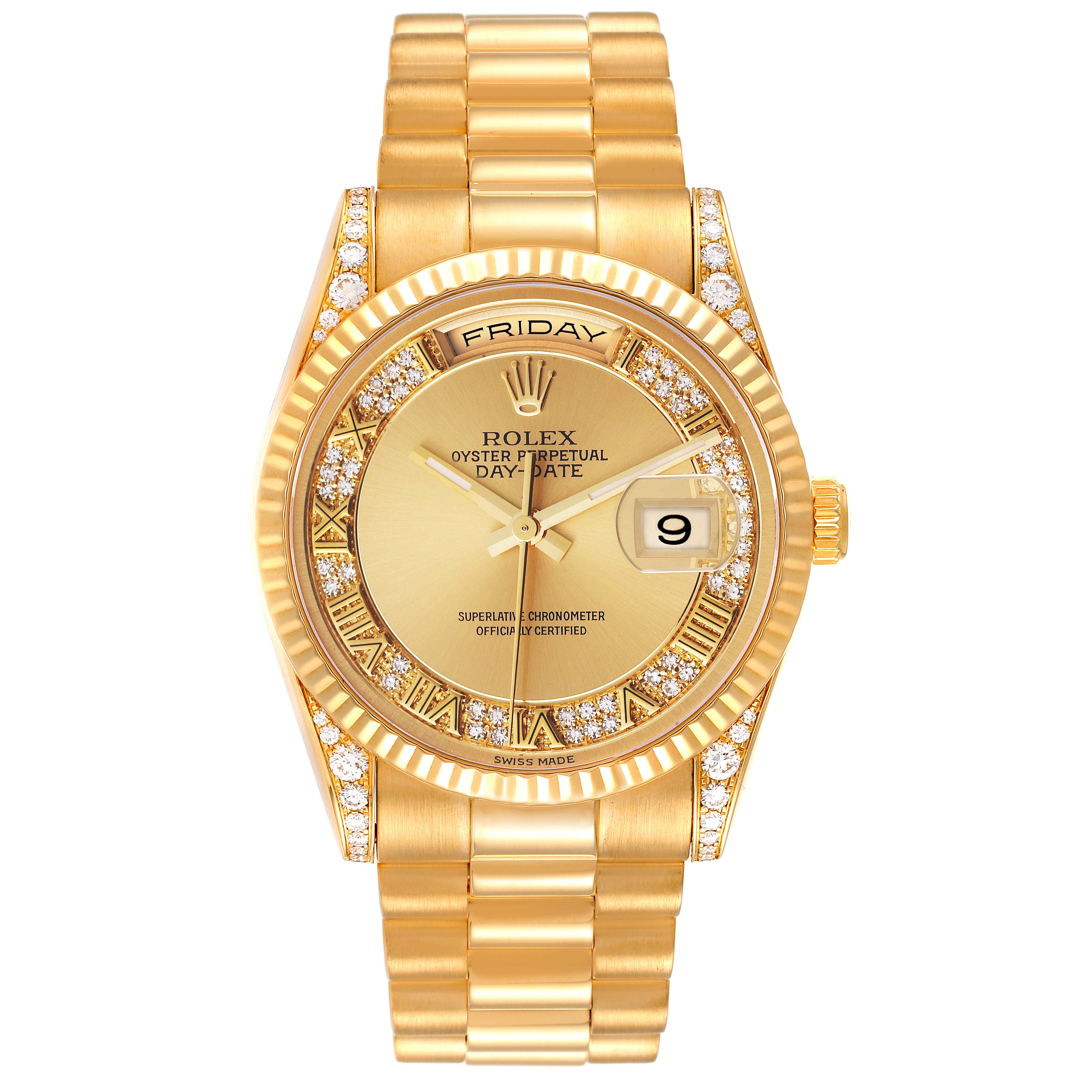 The image shows a front view of the Rolex President 118338 Men's Yellow Gold  118338 Men's Yellow Gold  Day-Date watch, showcasing its gold finish and diamond accents.