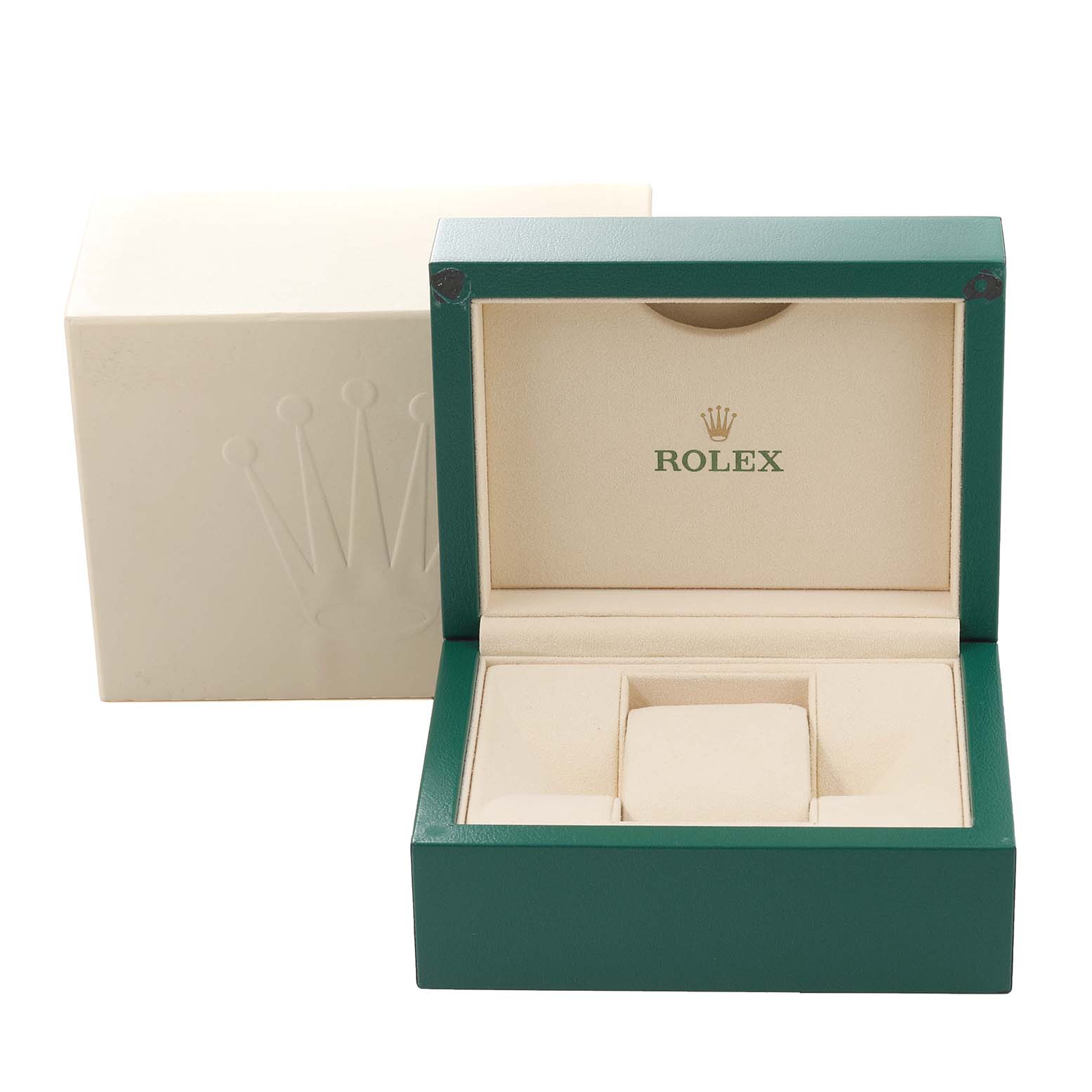 The image shows an open green and beige Rolex watch box for the President model, along with a white outer box.