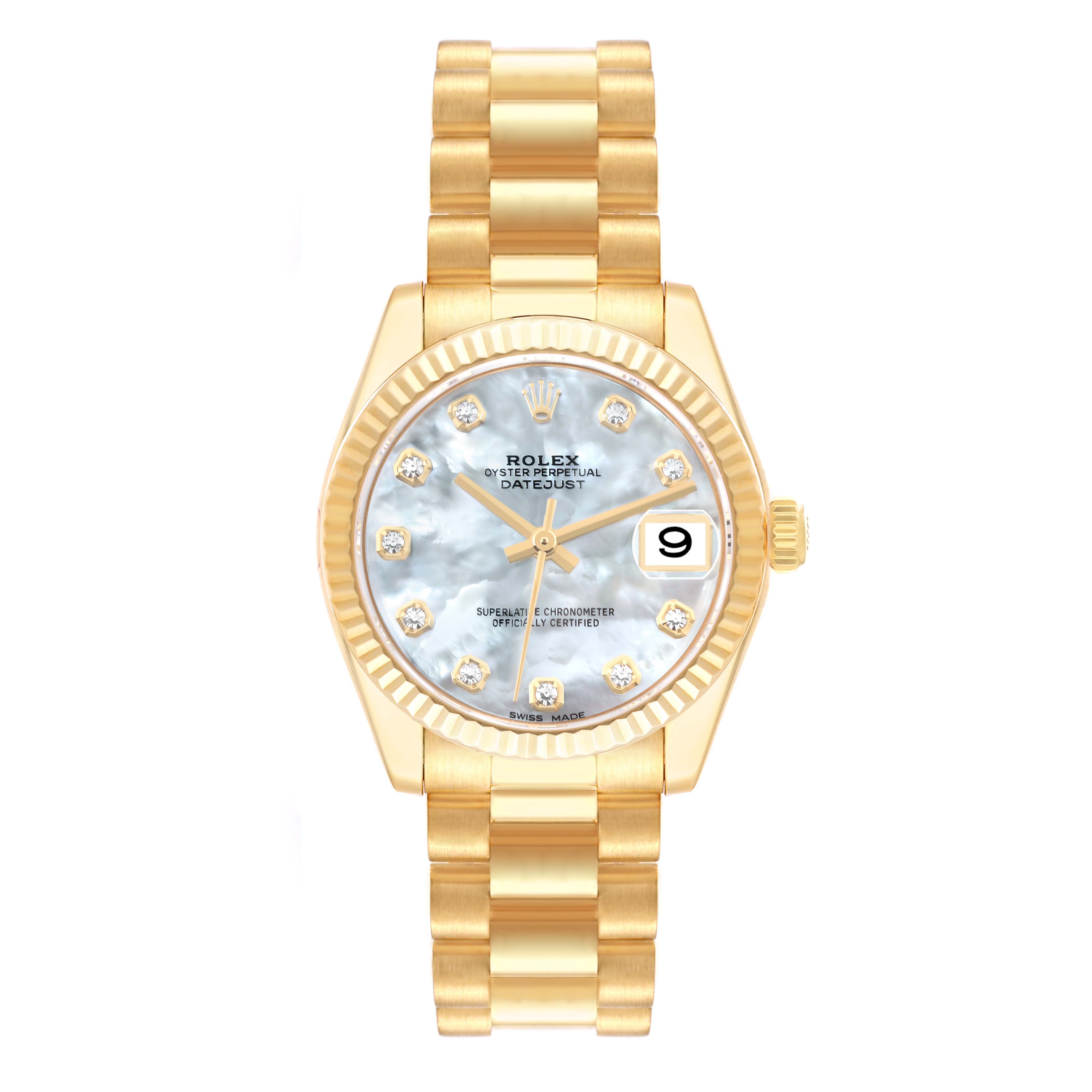 Rolex President Midsize Yellow Gold Mother Of Pearl Diamond Dial Ladies ...