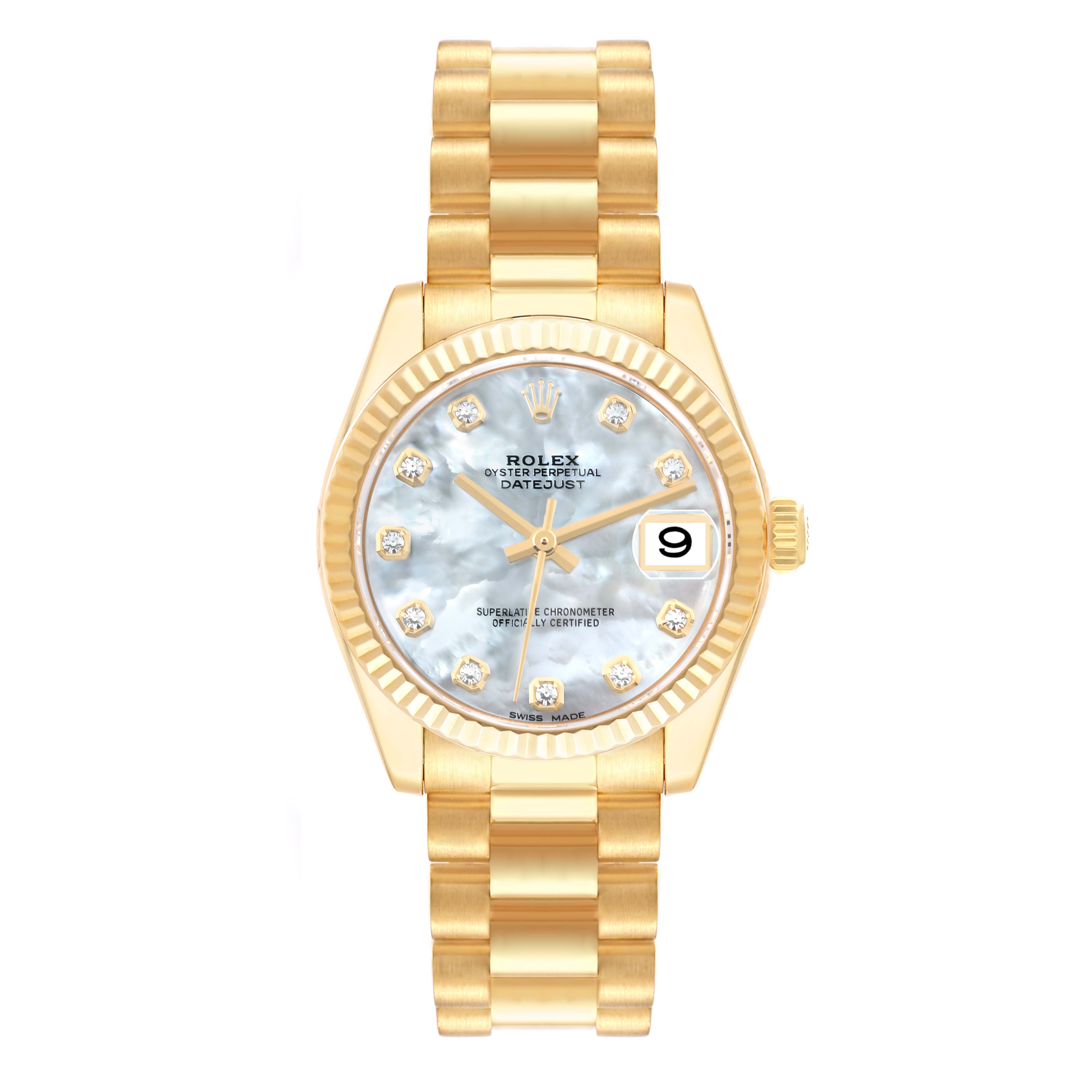 The image shows a frontal view of a Rolex President 178278 Women's Yellow Gold Mother of Pearl Dial 178278 Women's Yellow Gold Mother of Pearl Dial model watch, highlighting its dial and bracelet.