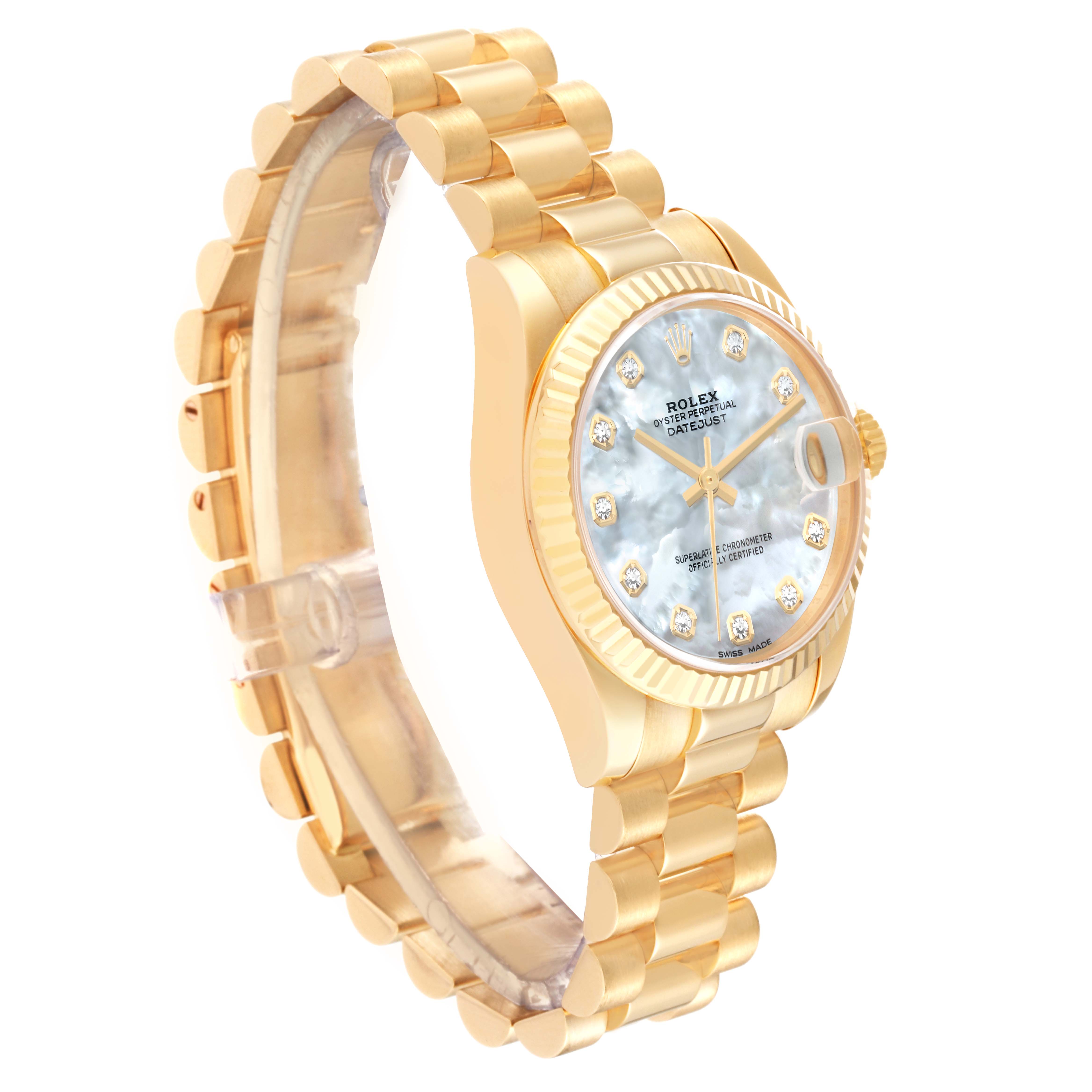 The image shows a Rolex President 178278 Women's Yellow Gold Mother of Pearl Dial 178278 Women's Yellow Gold Mother of Pearl Dial model watch from a slight side angle, displaying the bracelet, dial, bezel, and crown.