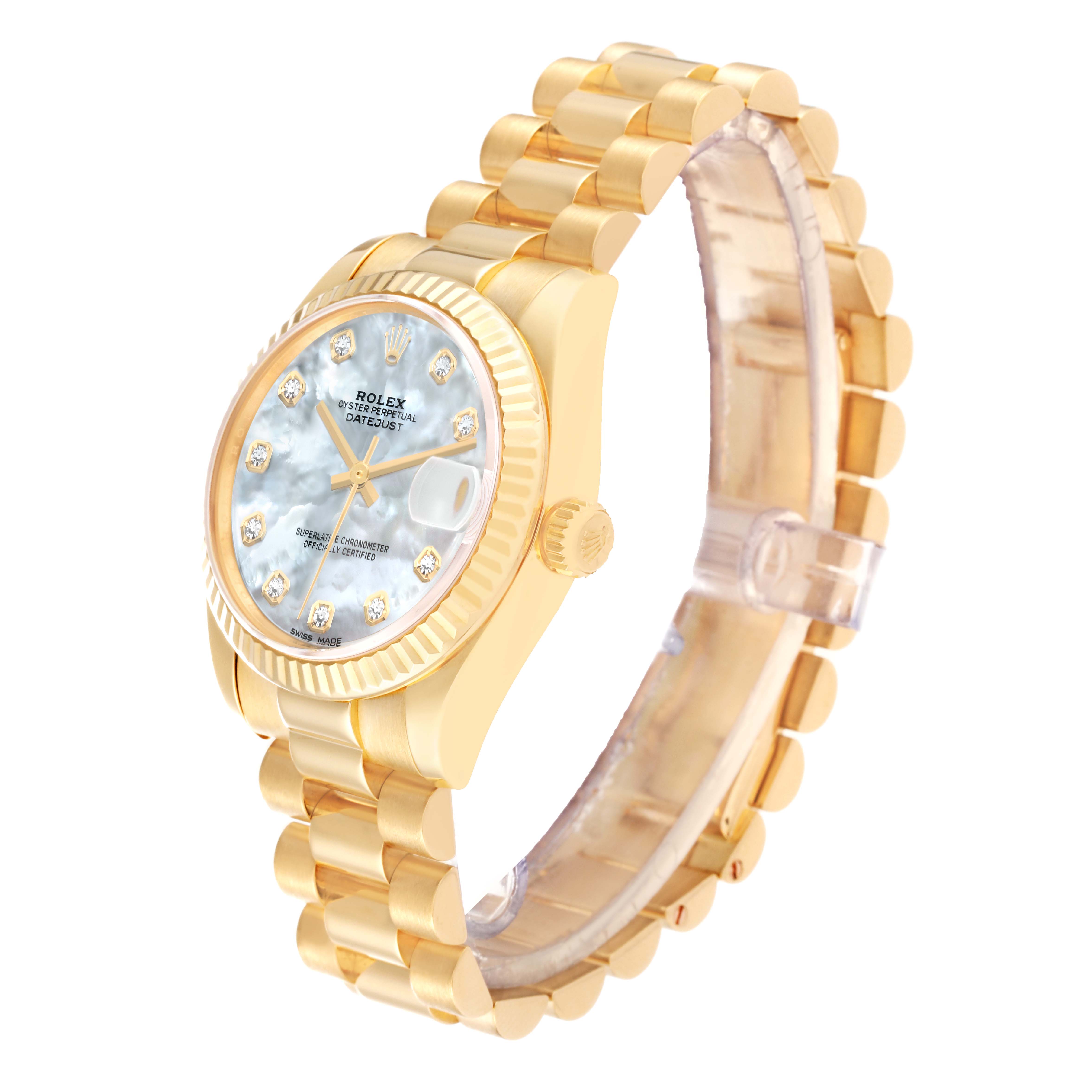 This image shows a side angle of a Rolex President 178278 Women's Yellow Gold Mother of Pearl Dial 178278 Women's Yellow Gold Mother of Pearl Dial model watch, highlighting the face, bezel, and bracelet.