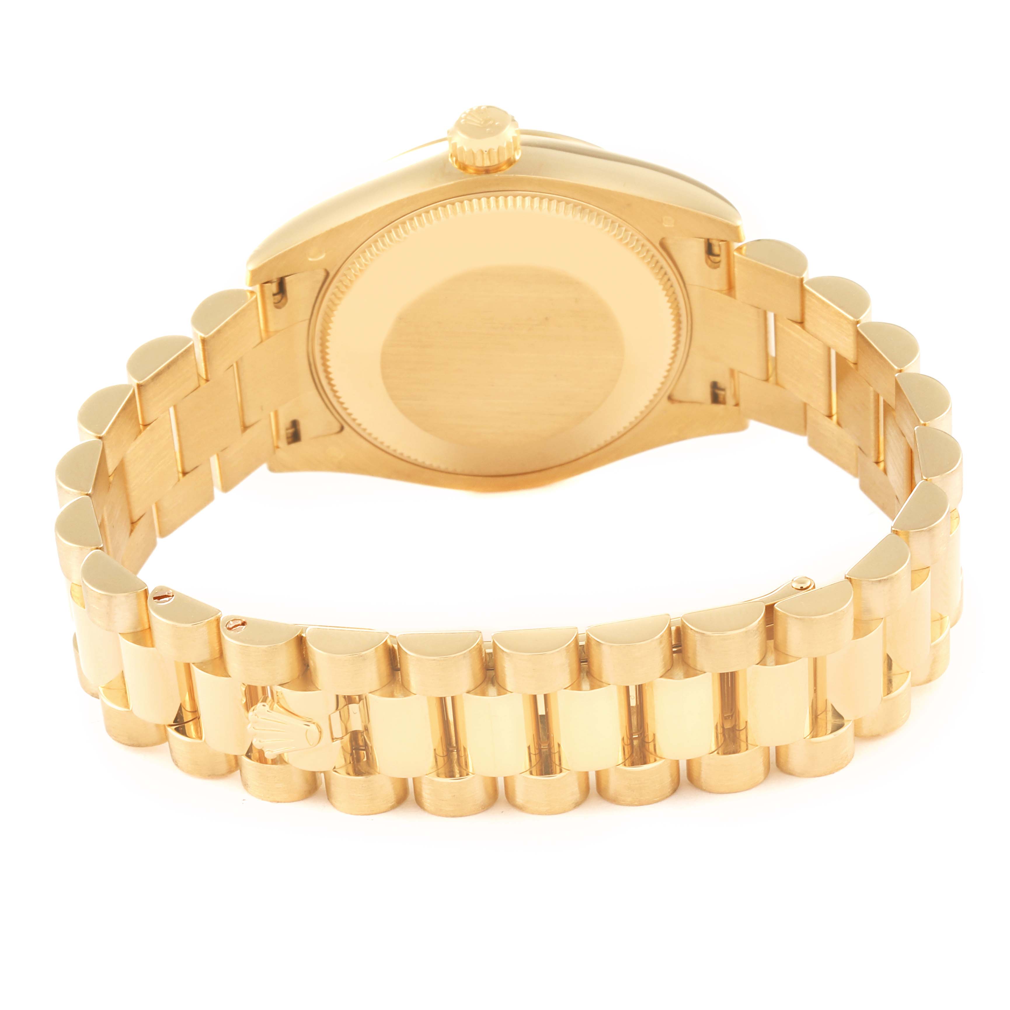 This image shows the back view of the case and bracelet of a Rolex President 178278 Women's Yellow Gold Mother of Pearl Dial 178278 Women's Yellow Gold Mother of Pearl Dial model watch.