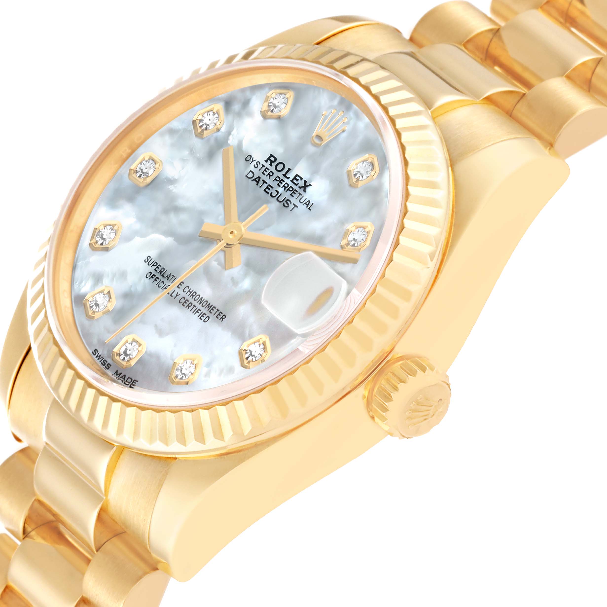 This image shows a close-up angle of a Rolex President 178278 Women's Yellow Gold Mother of Pearl Dial 178278 Women's Yellow Gold Mother of Pearl Dial model watch, focusing on the dial, crown, and part of the bracelet.