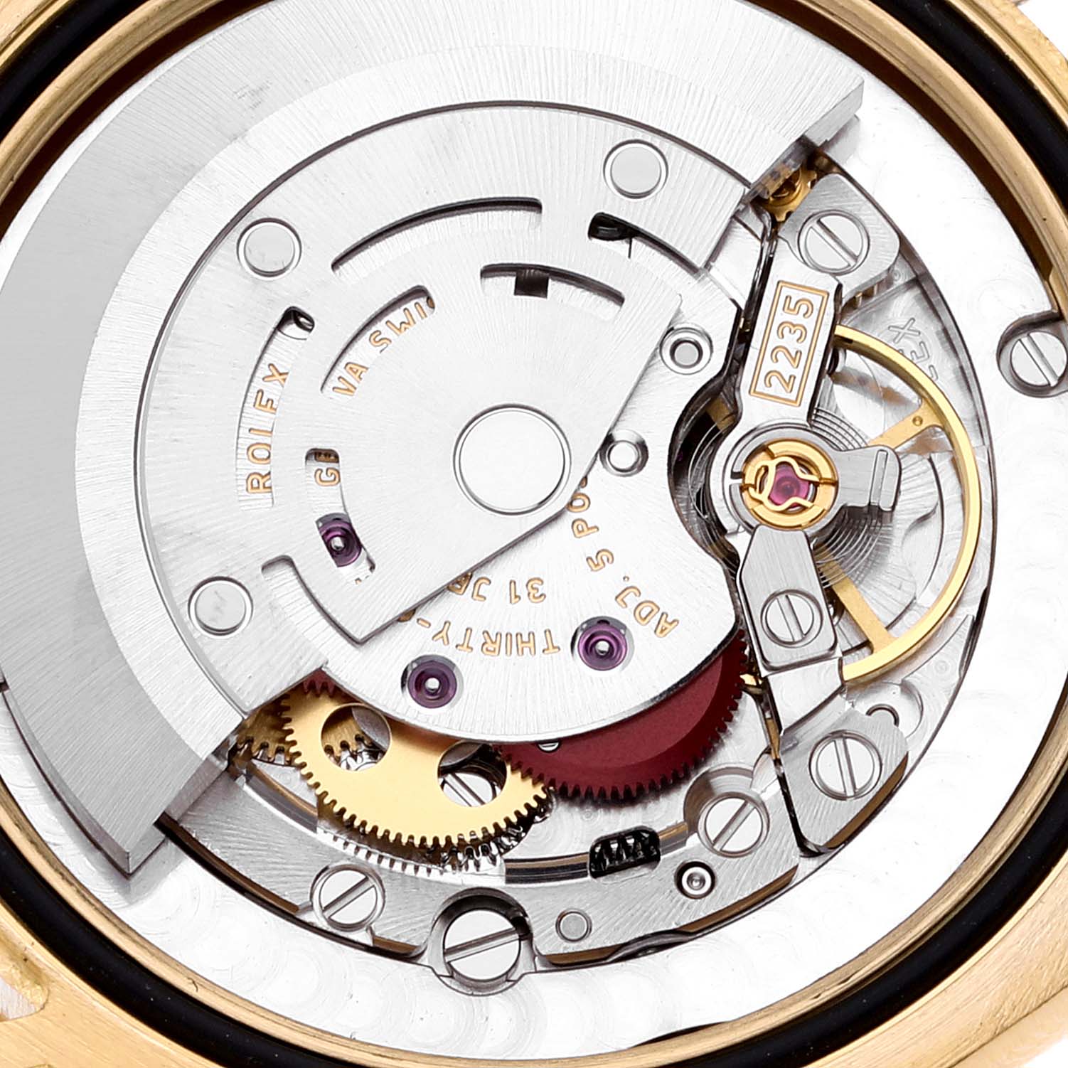 The image shows the internal mechanical movement of a Rolex President 178278 Women's Yellow Gold Mother of Pearl Dial 178278 Women's Yellow Gold Mother of Pearl Dial model watch, viewed from the back.