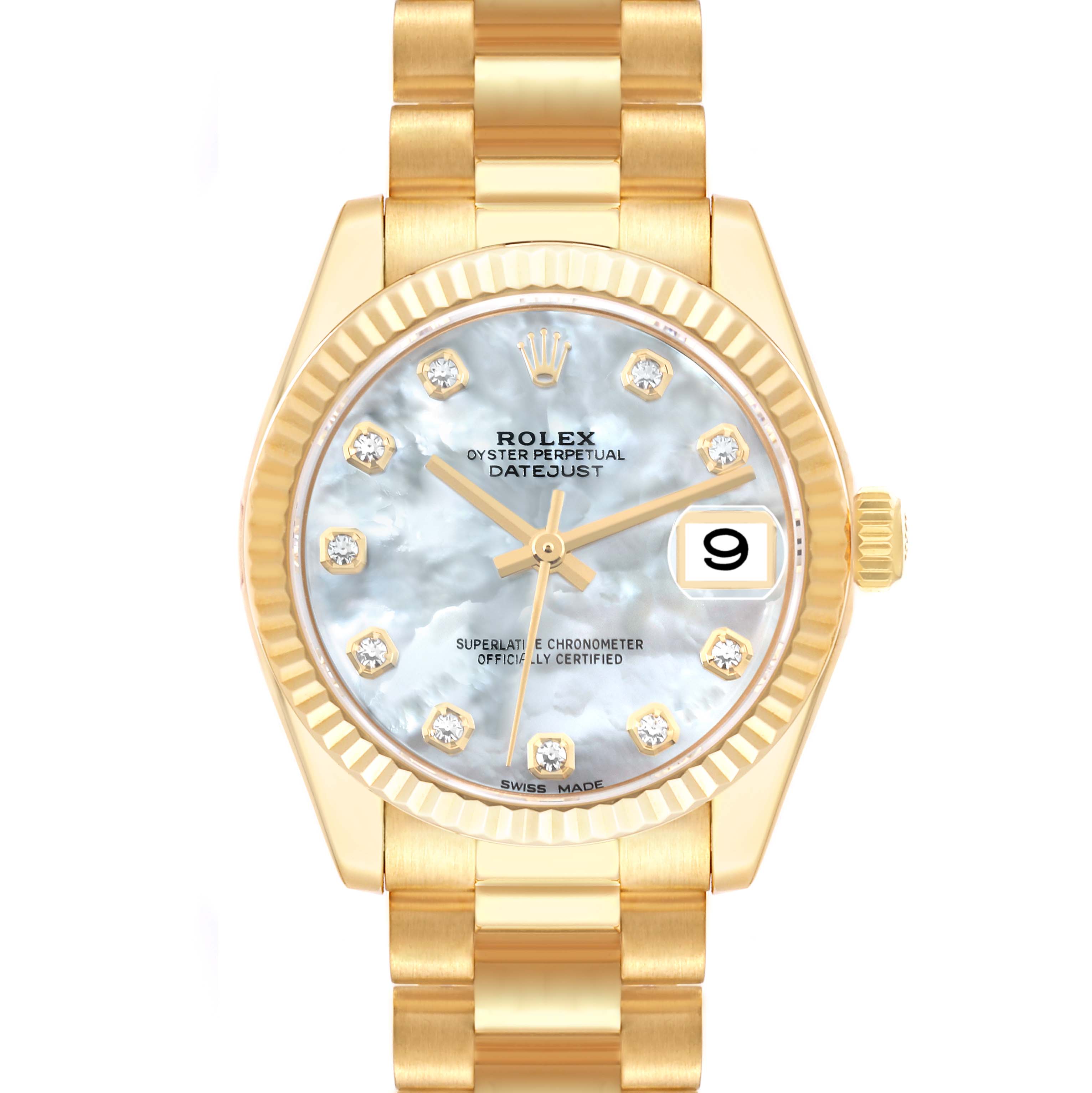 Rolex President Midsize Yellow Gold Mother Of Pearl Diamond Dial Ladies ...