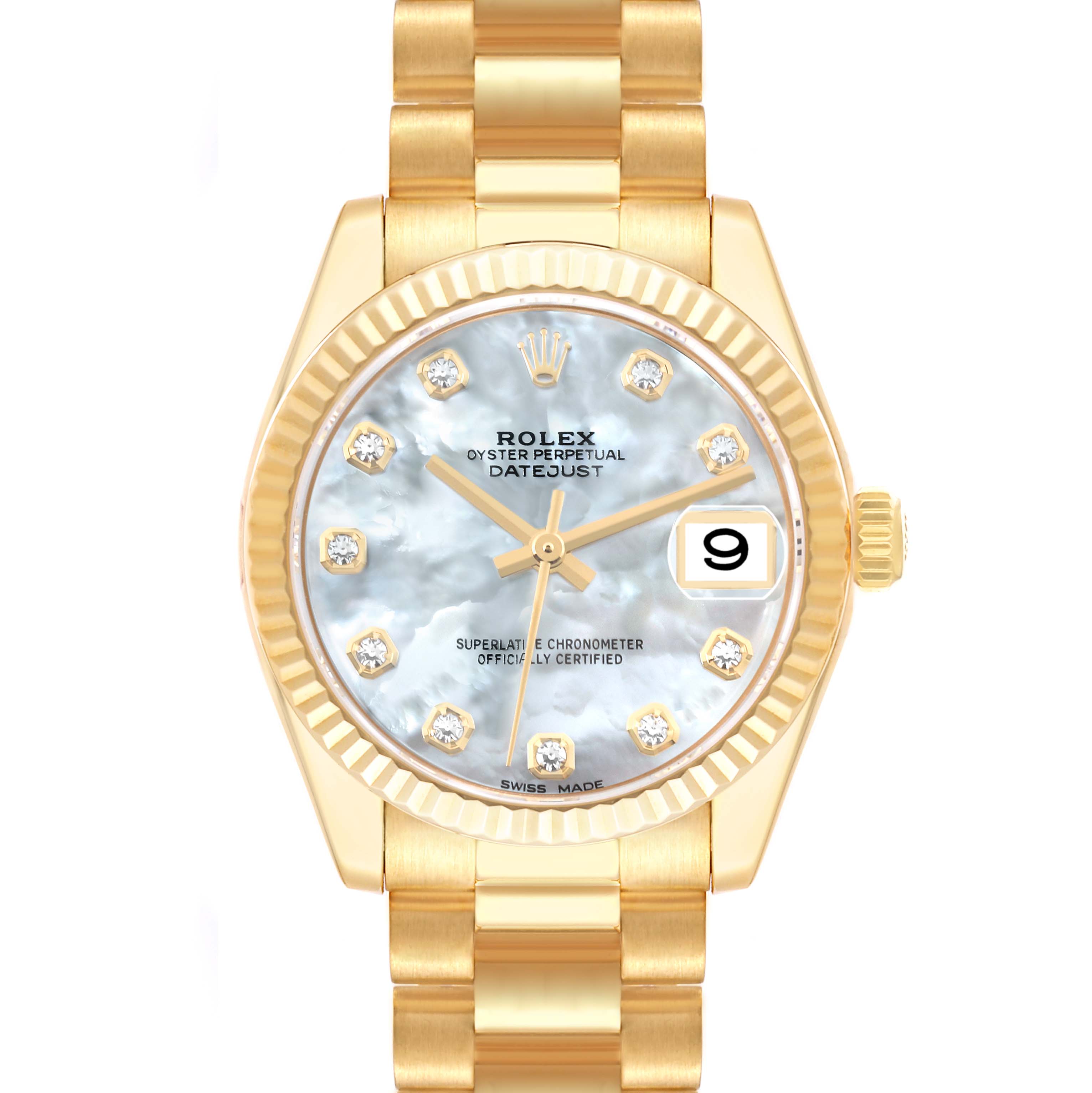 This is a front view of the Rolex President 178278 Women's Yellow Gold Mother of Pearl Dial 178278 Women's Yellow Gold Mother of Pearl Dial model watch, showcasing its dial, date display, case, and bracelet.