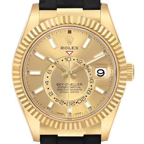 Photo of Rolex Sky-Dweller Yellow Gold Champagne Dial Oysterflex Watch 326238 Box Card