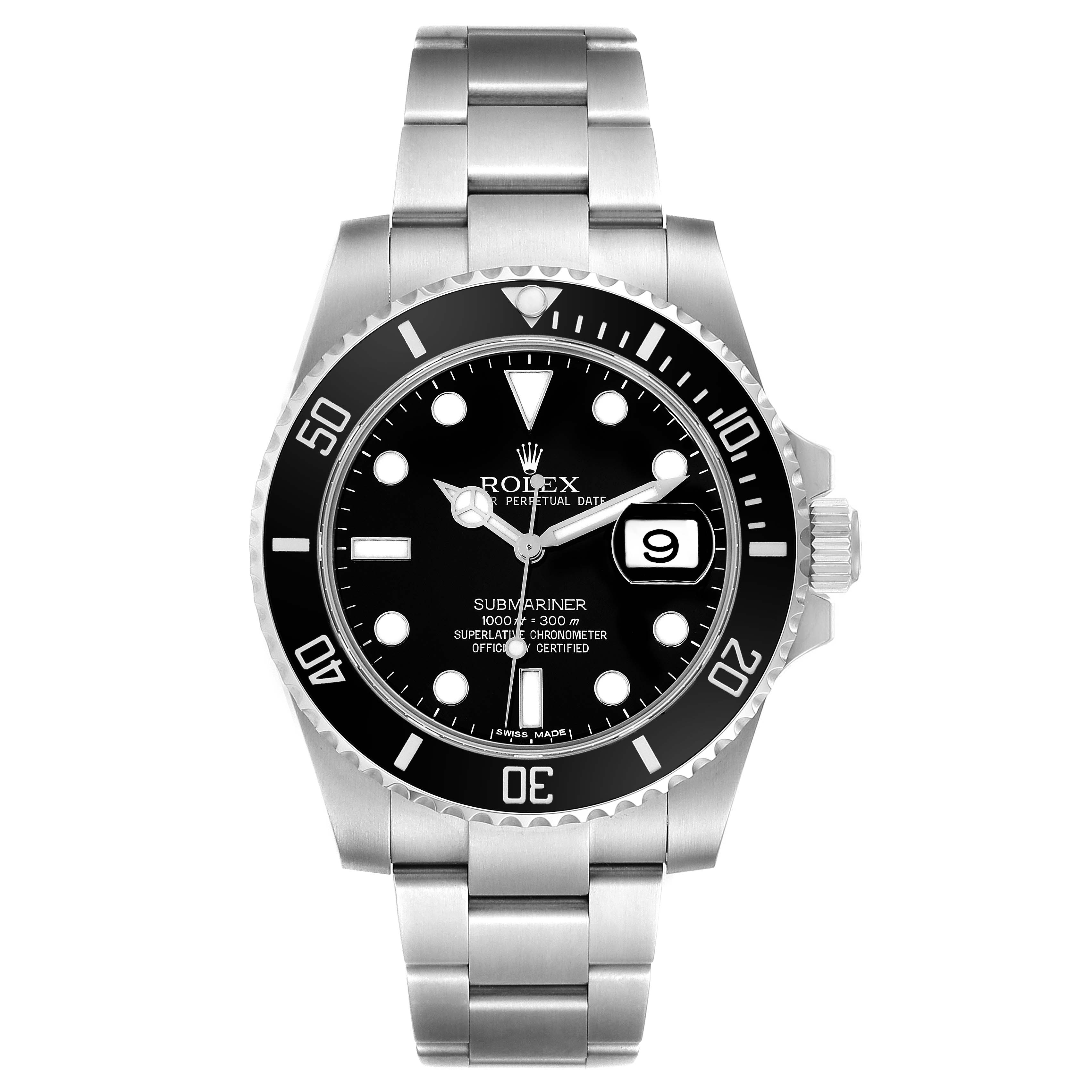 The image shows a front view of a Rolex Submariner 116610 Men
s Stainless Steel Black Dial 116610 Men
s Stainless Steel Black Dial watch, highlighting the black dial, bezel, and stainless steel bracelet.
