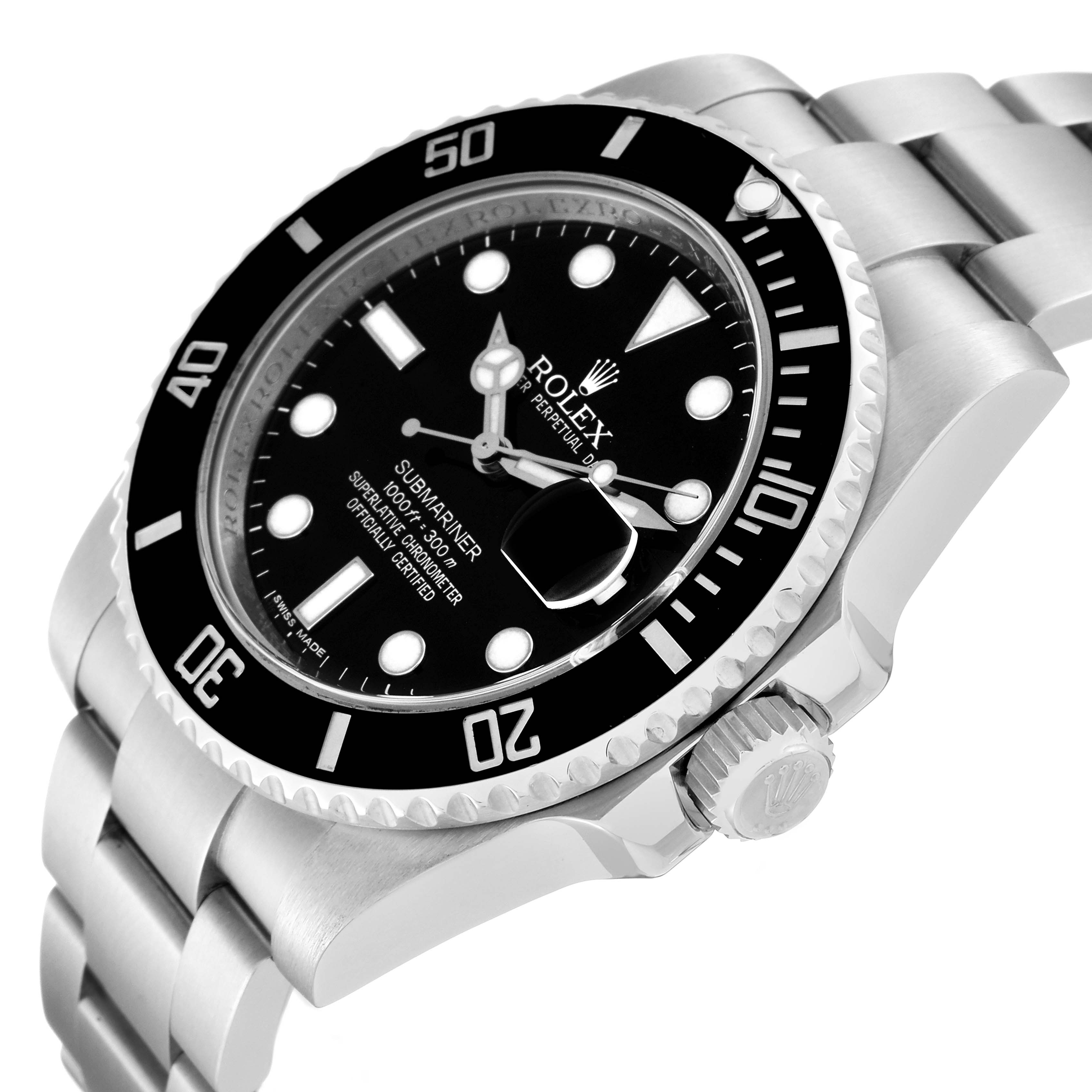 The image shows a Rolex Submariner 116610 Men
s Stainless Steel Black Dial 116610 Men
s Stainless Steel Black Dial watch at an angled close-up, highlighting the bezel, dial, crown, and part of the bracelet.
