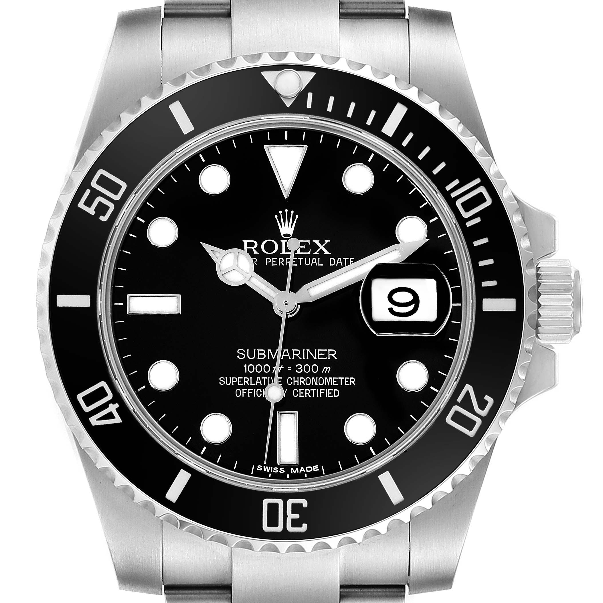 This is a frontal close-up of the Rolex Submariner 116610 Men
s Stainless Steel Black Dial 116610 Men
s Stainless Steel Black Dial, showing the dial, bezel, and part of the bracelet.