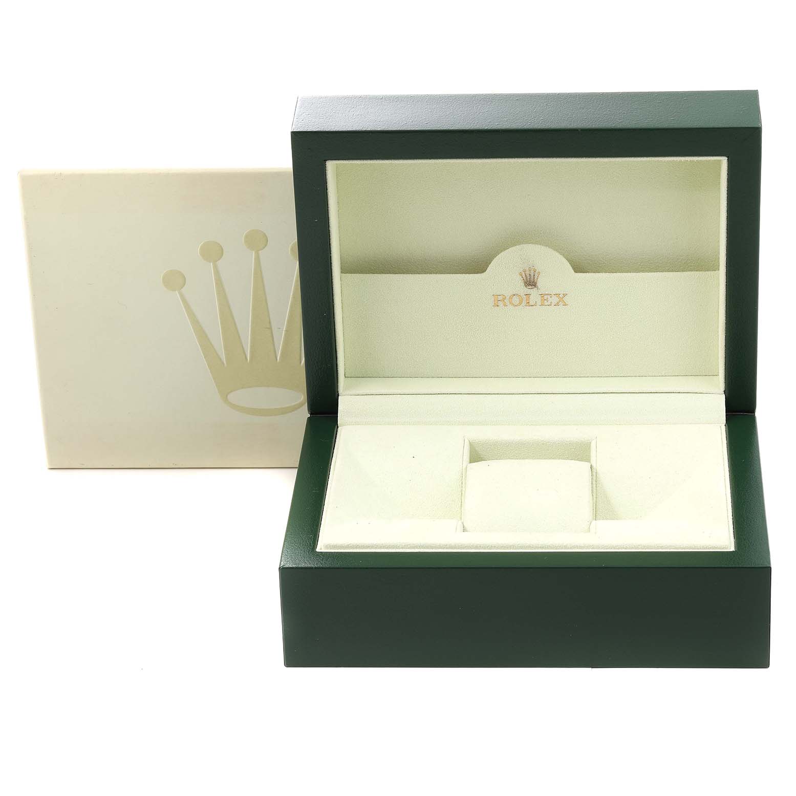 This image shows an open Rolex watch box for the Submariner model.