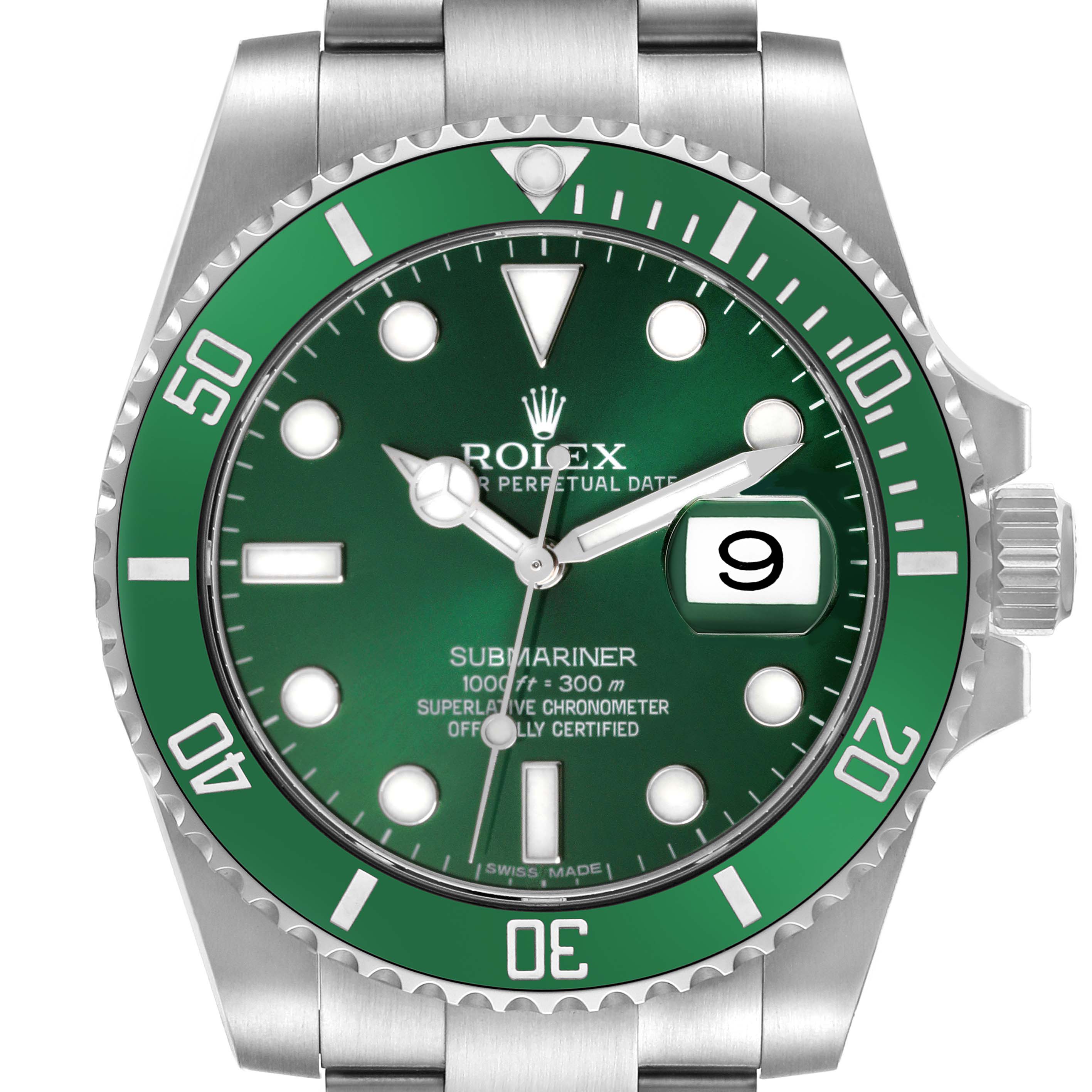 The Rolex Submariner 116610LV Men
s Stainless Steel Green Dial 116610LV Men
s Stainless Steel Green Dial is shown from a front angle, highlighting the green bezel and dial with the crown and bracelet parts visible.