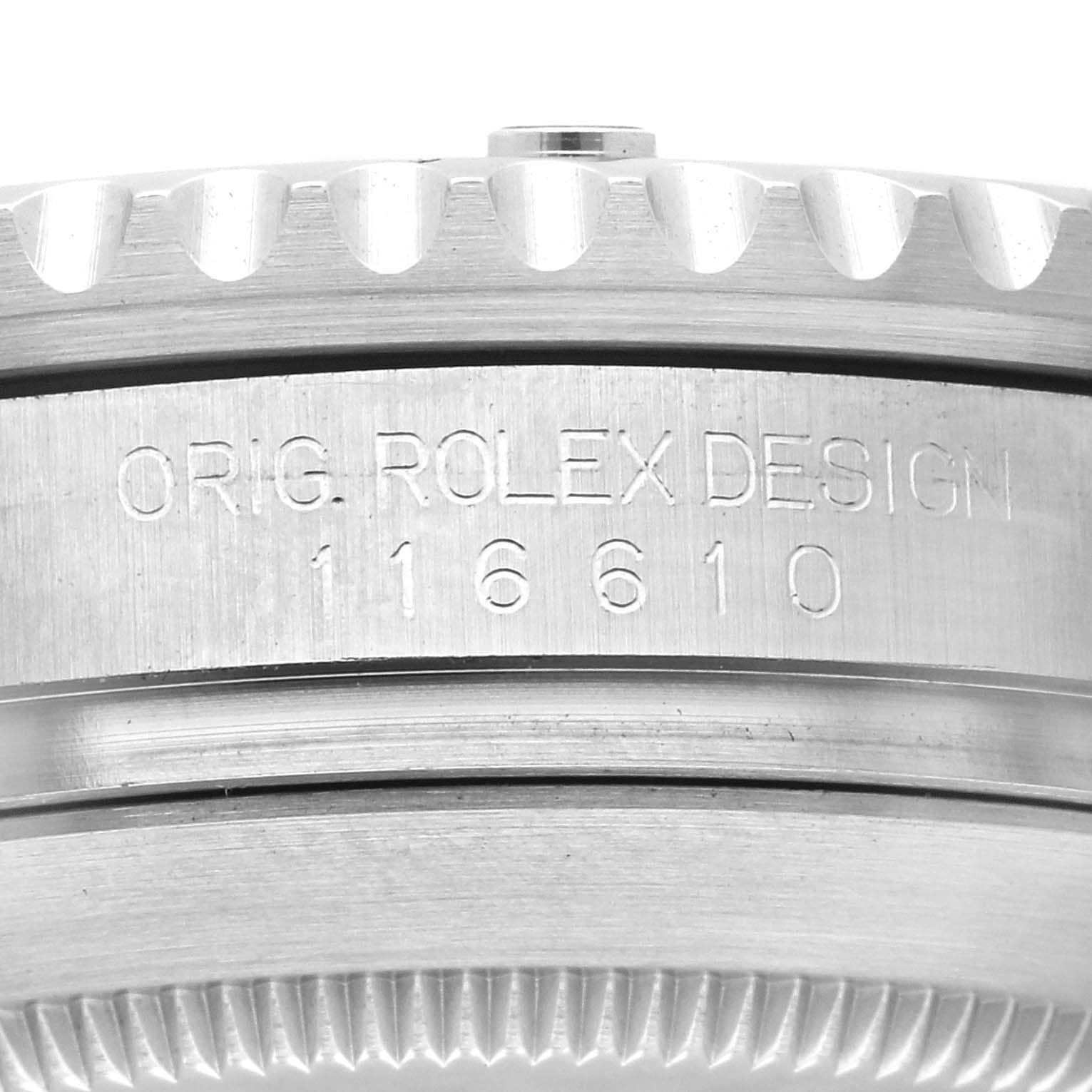 The image shows a close-up of the Rolex Submariner 116610LV Men
s Stainless Steel Green Dial 116610LV Men
s Stainless Steel Green Dial
s case side, highlighting the model number 116610.