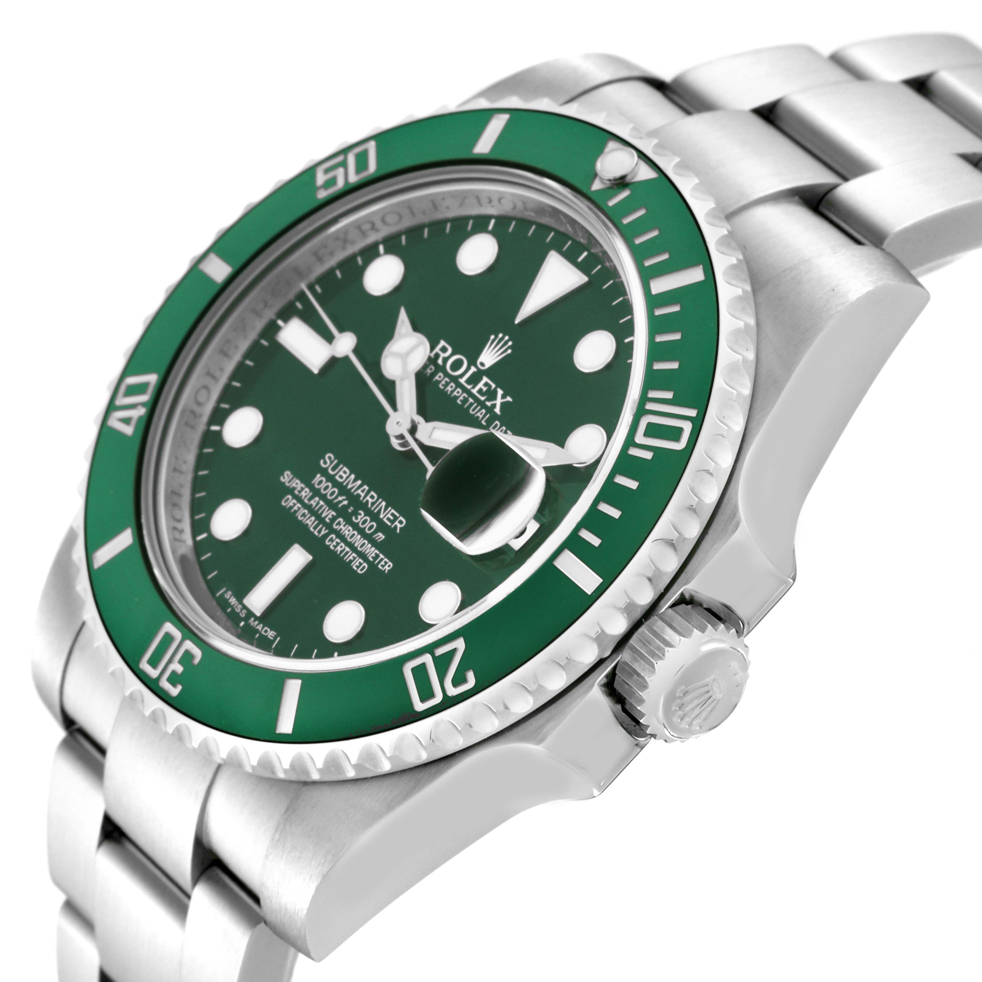 The Rolex Submariner 116610LV Men
s Stainless Steel Green Dial 116610LV Men
s Stainless Steel Green Dial watch is shown from a side angle highlighting the green bezel, dial, bracelet, and crown.