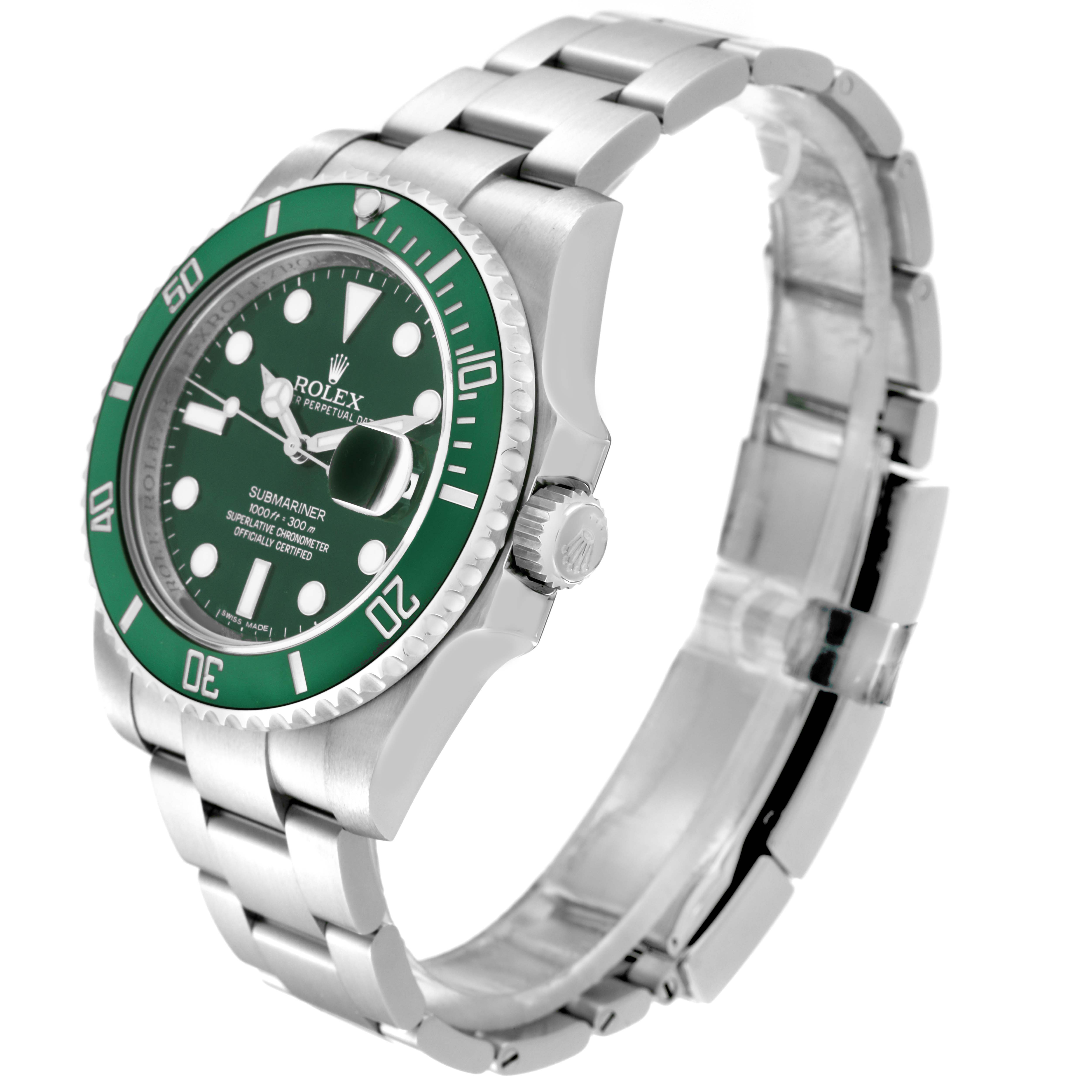 The Rolex Submariner 116610LV Men
s Stainless Steel Green Dial 116610LV Men
s Stainless Steel Green Dial watch is shown from a three-quarter angle, displaying the green bezel, dial, crown, and the metal bracelet.