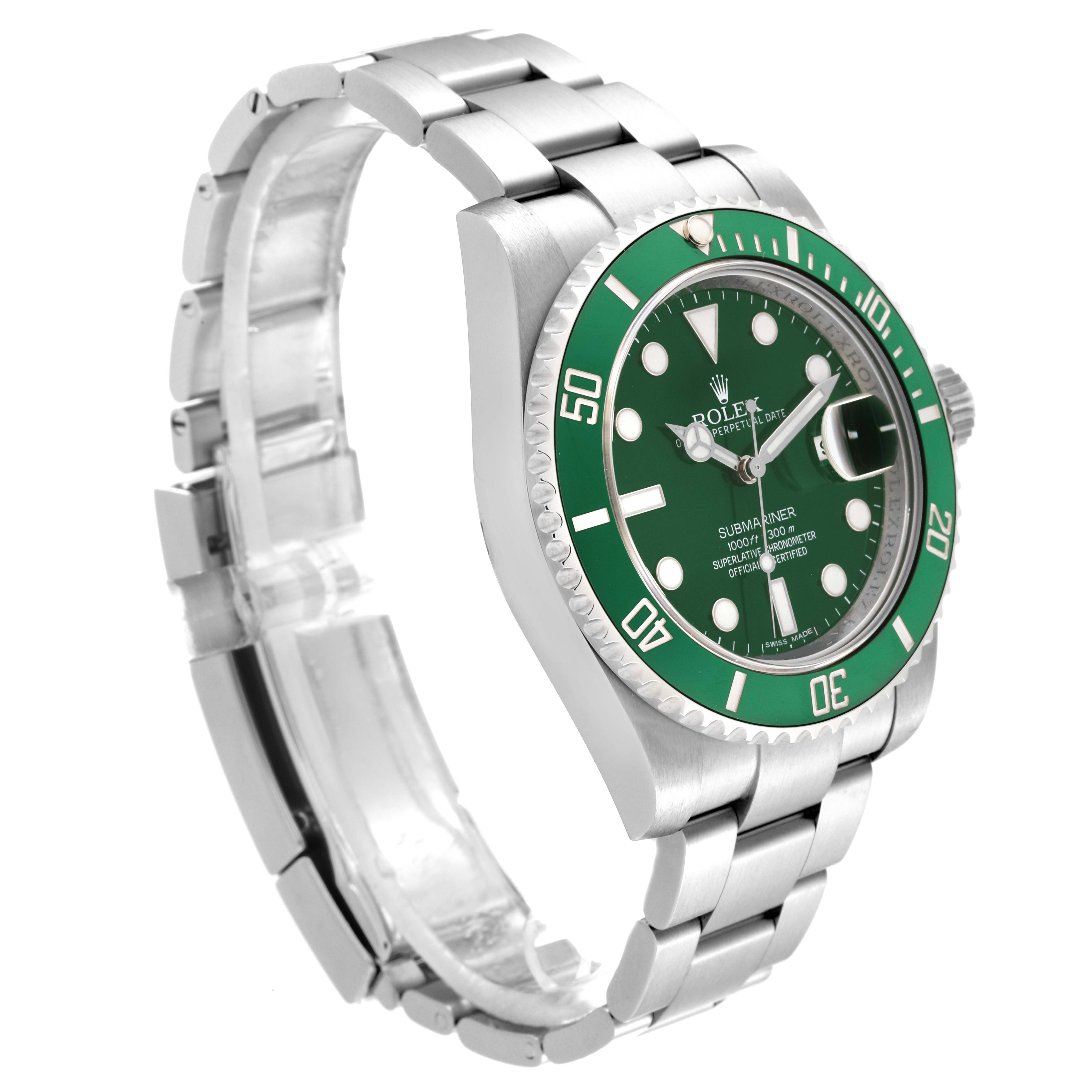 The Rolex Submariner 116610LV Men
s Stainless Steel Green Dial 116610LV Men
s Stainless Steel Green Dial is shown at an angled view, displaying the face, bezel, crown, and bracelet.