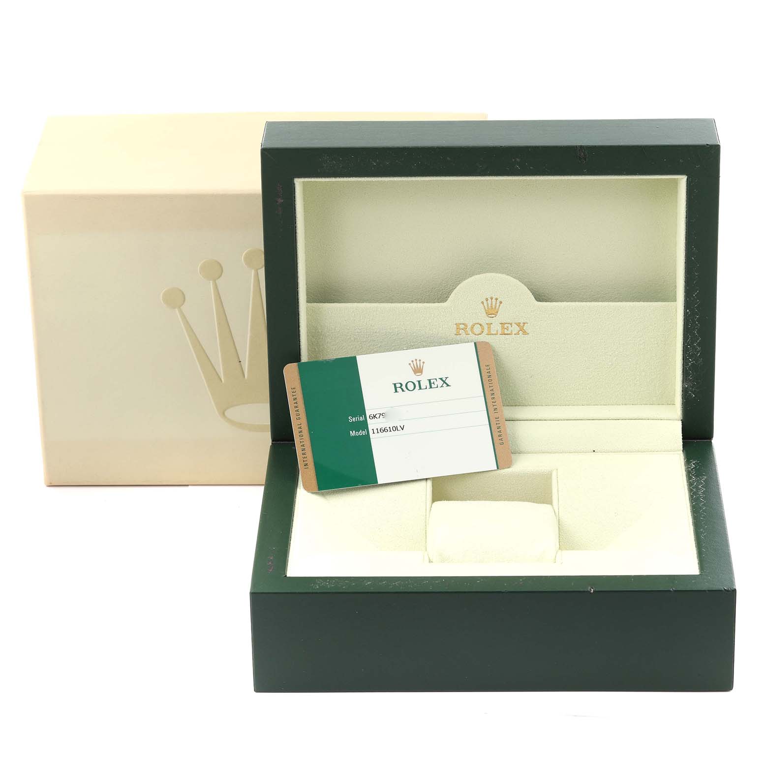 The image shows the open box for a Rolex Submariner 116610LV Men
s Stainless Steel Green Dial 116610LV Men
s Stainless Steel Green Dial, including the model card and packaging.