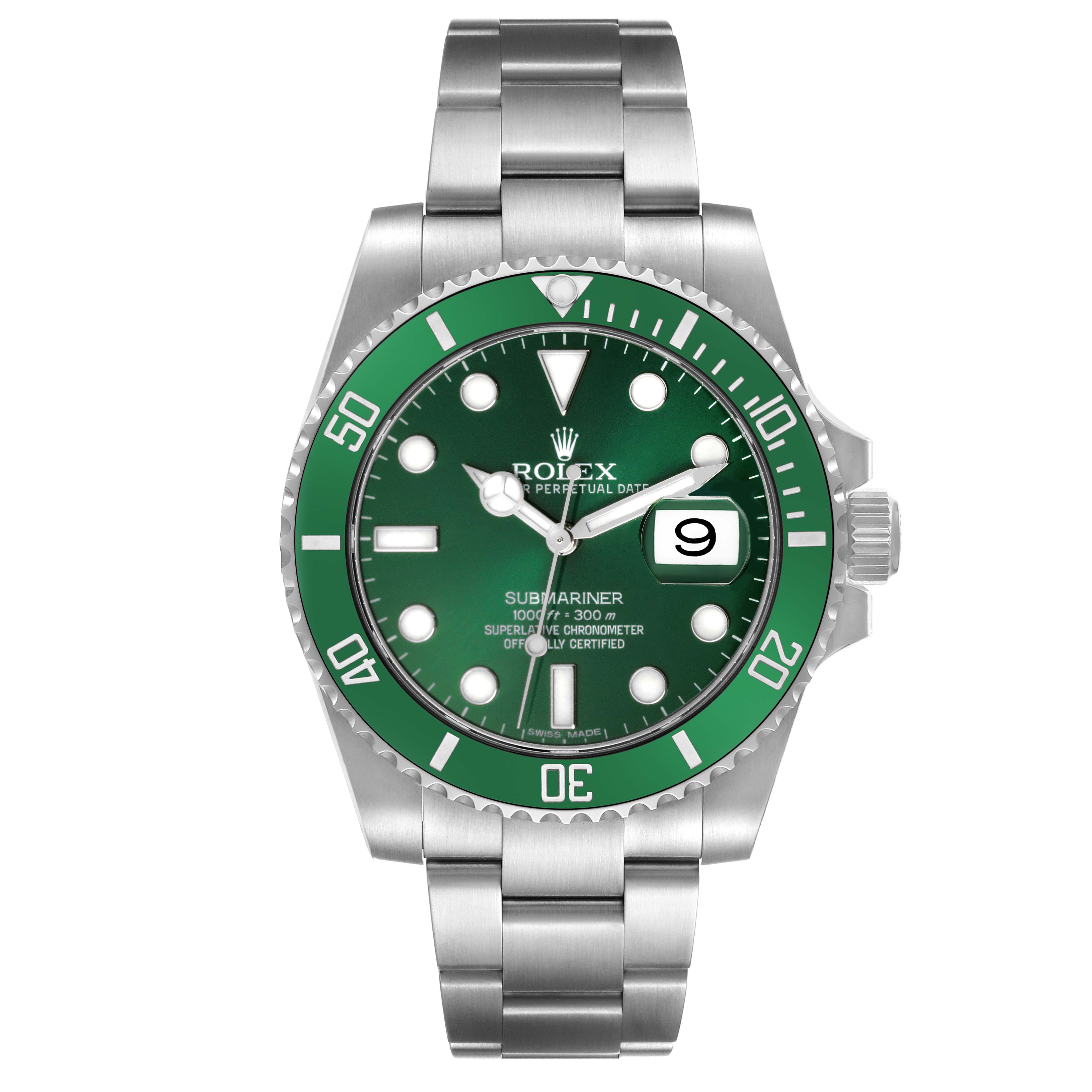 The Rolex Submariner 116610LV Men
s Stainless Steel Green Dial 116610LV Men
s Stainless Steel Green Dial watch is shown from a front angle, displaying the dial, bezel, bracelet, and crown.