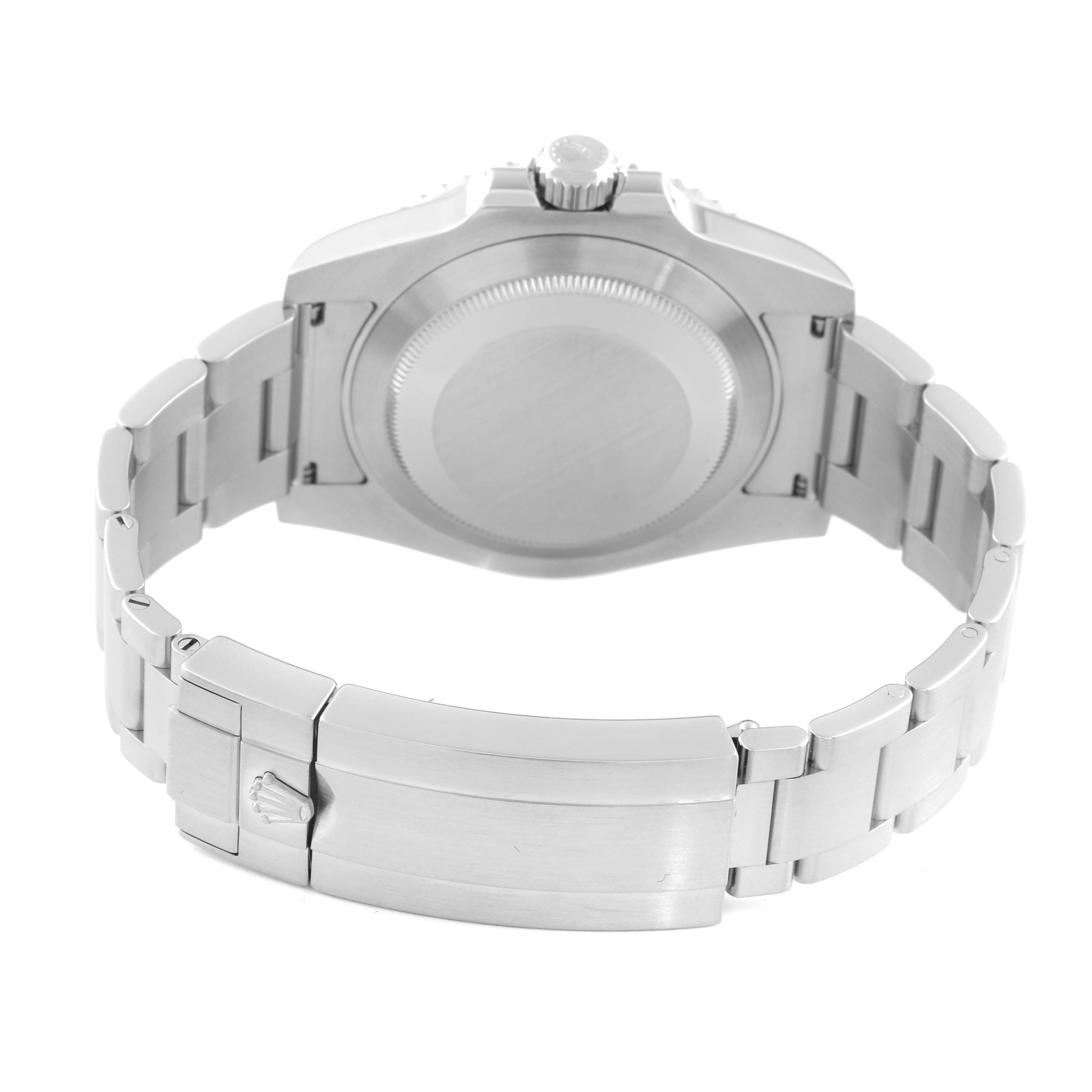 The image shows the back case and bracelet clasp of a Rolex Submariner 116610LV Men
s Stainless Steel Green Dial 116610LV Men
s Stainless Steel Green Dial, viewed from behind.