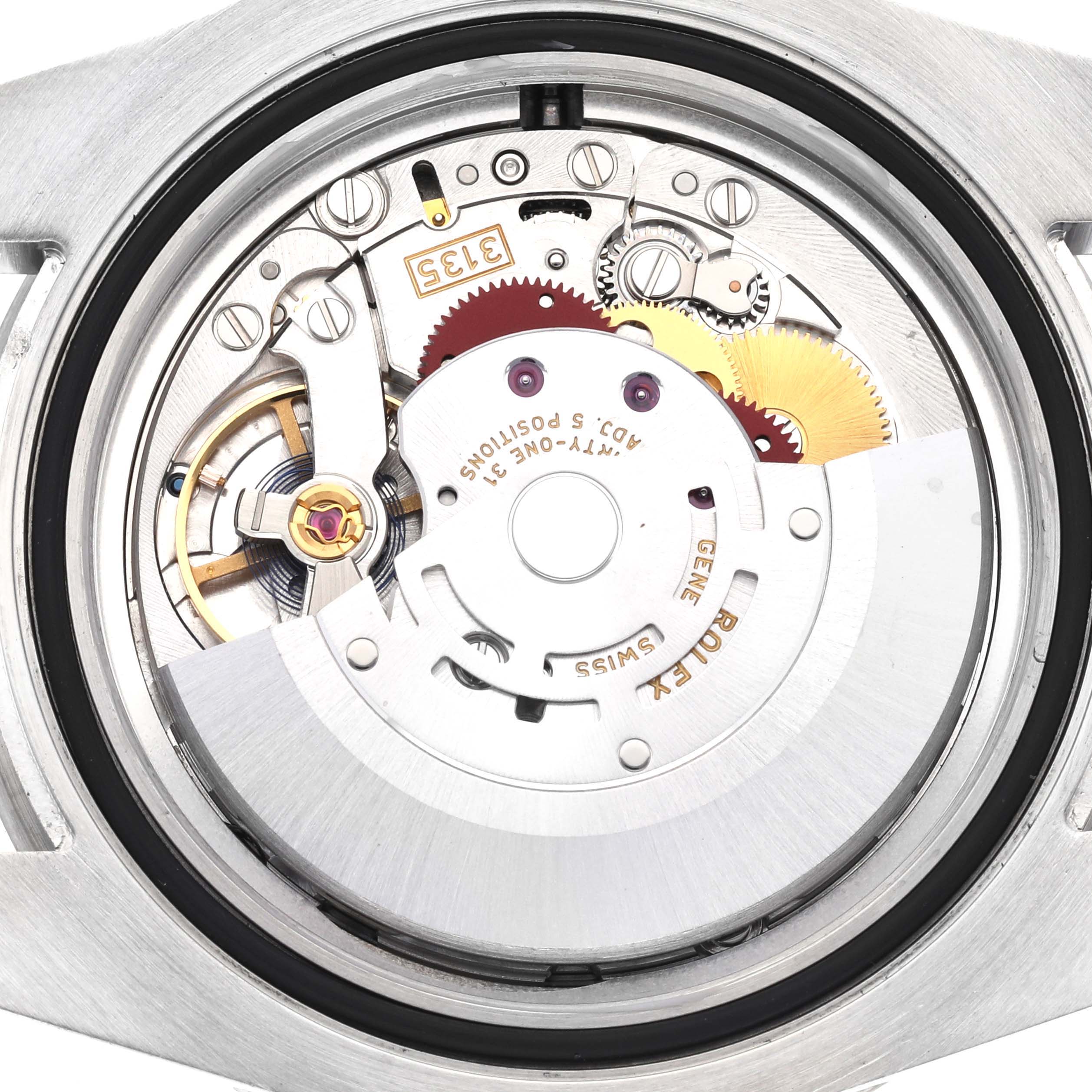 The image shows a detailed view of the movement mechanism from the back of a Rolex Submariner 116610LV Men
s Stainless Steel Green Dial 116610LV Men
s Stainless Steel Green Dial watch.