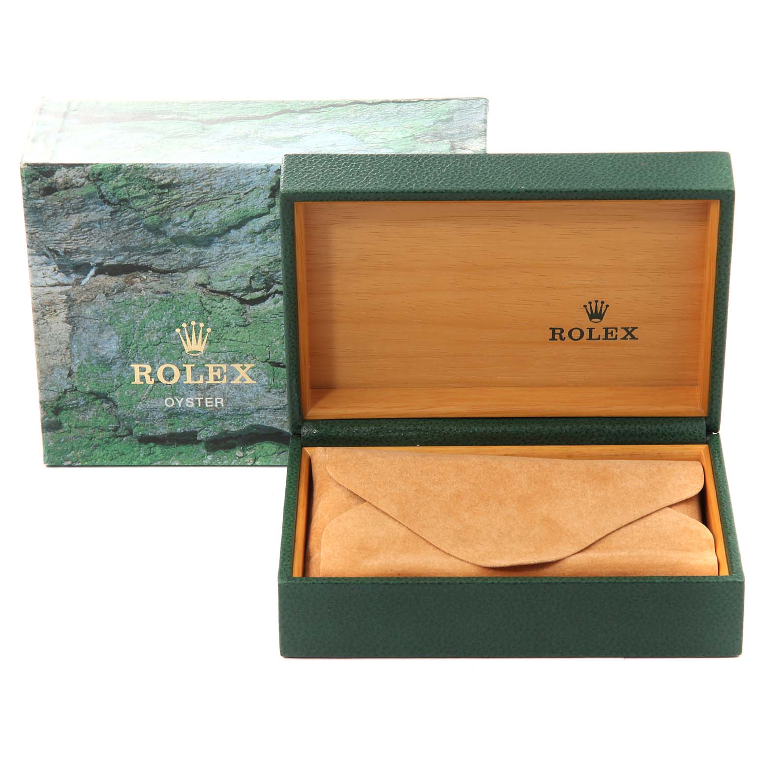 The image shows a Rolex Turn-o-Graph 16264 Men
s Stainless Steel Black Dial 16264 Men
s Stainless Steel Black Dial watch box set, displayed open with the inner suede pouch visible.