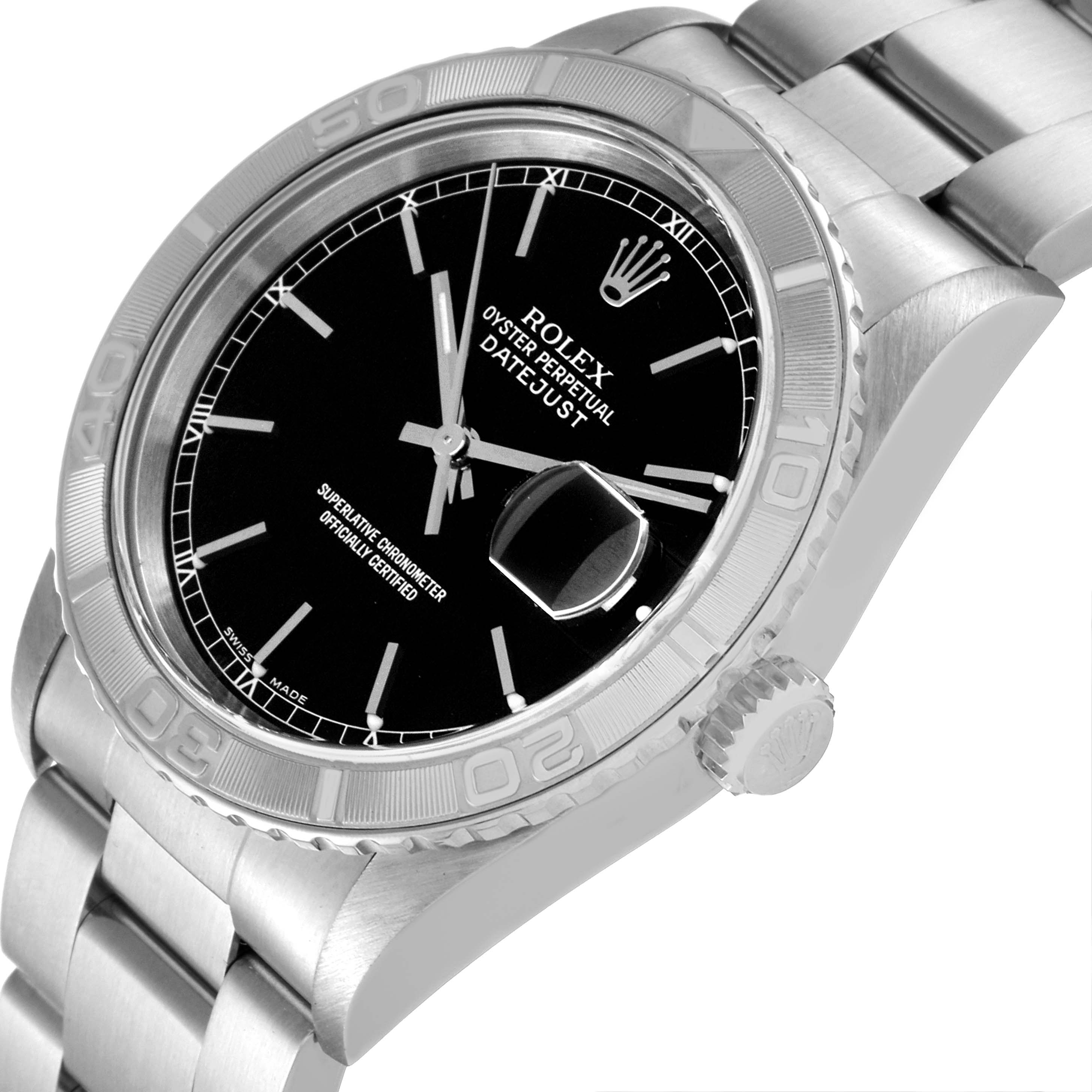 This image shows a Rolex Turn-o-Graph 16264 Men
s Stainless Steel Black Dial 16264 Men
s Stainless Steel Black Dial watch at an angle emphasizing the dial, bezel, and crown.