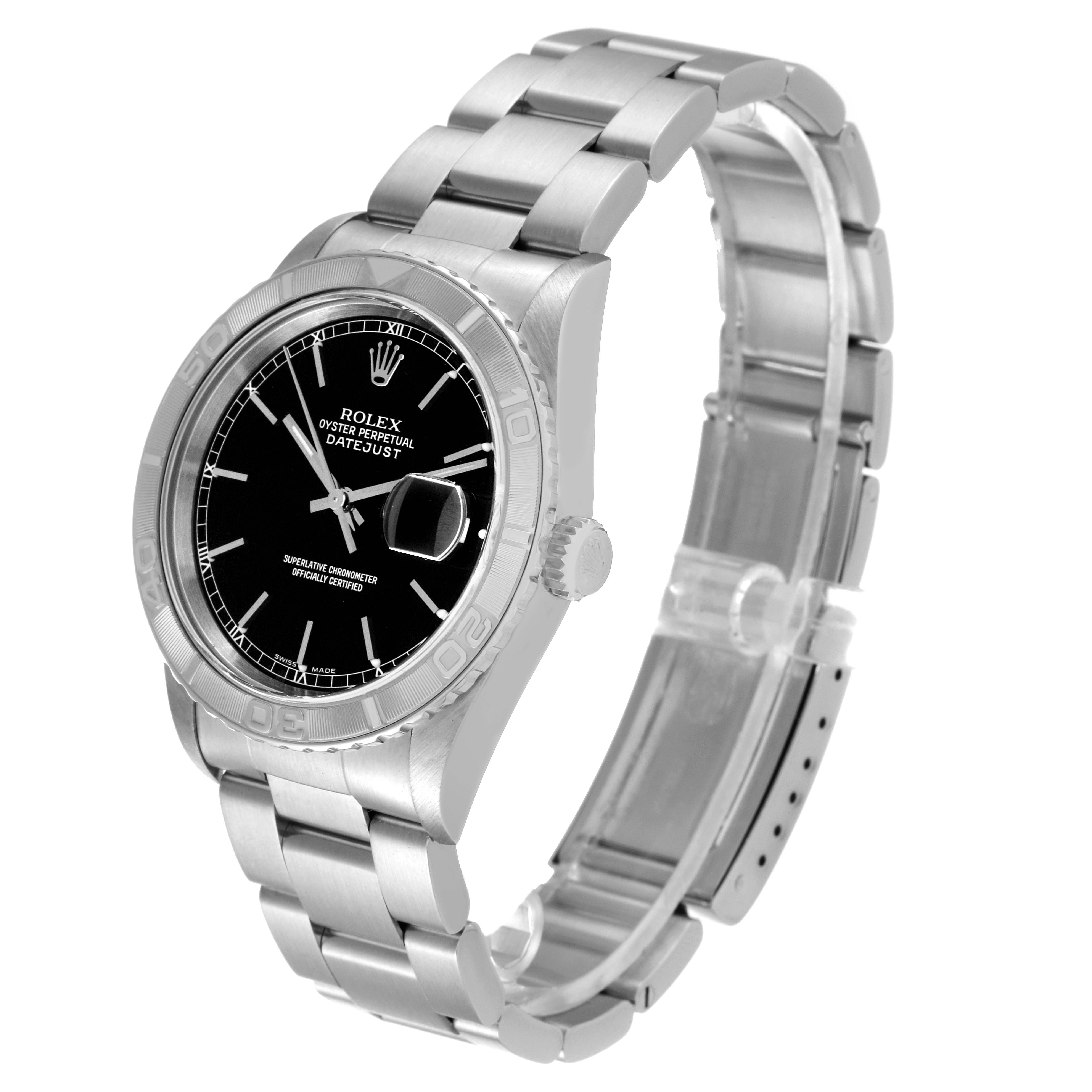 The image shows a Rolex Turn-o-Graph 16264 Men
s Stainless Steel Black Dial 16264 Men
s Stainless Steel Black Dial watch at a slight angle from the front, highlighting the dial, bezel, crown, and bracelet.