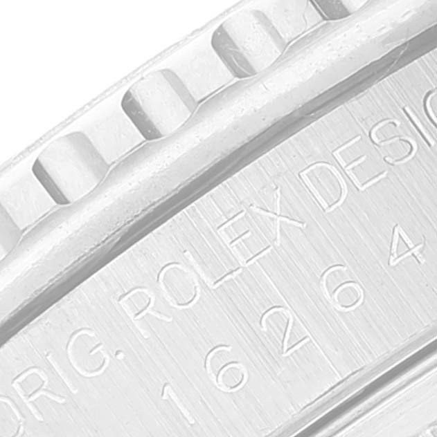 This close-up image shows the engraving and edge of the bezel on a Rolex Turn-o-Graph 16264 Men
s Stainless Steel Black Dial 16264 Men
s Stainless Steel Black Dial watch.