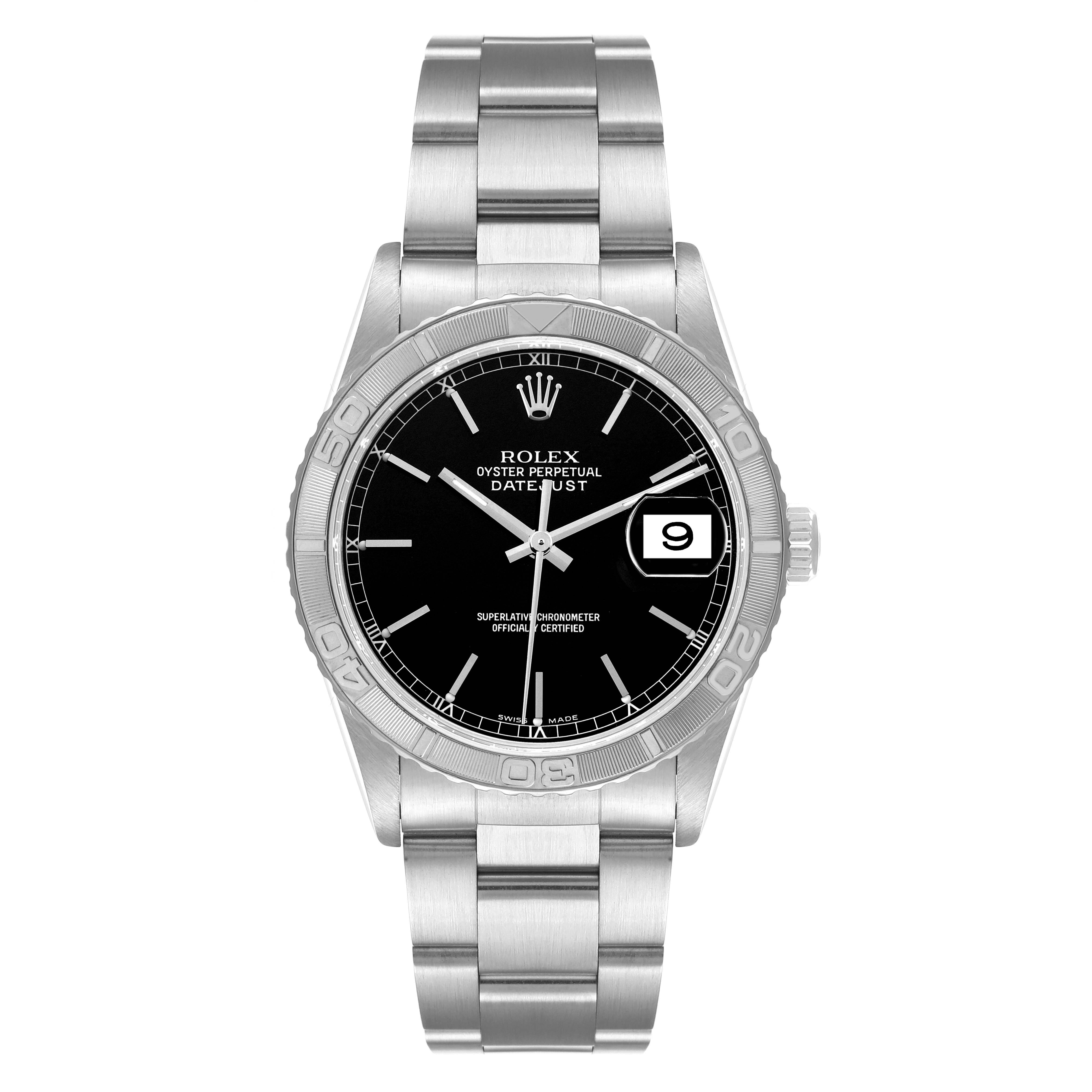 The image shows a Rolex Turn-o-Graph 16264 Men
s Stainless Steel Black Dial 16264 Men
s Stainless Steel Black Dial watch from a front angle, displaying the dial, bezel, crown, and bracelet.