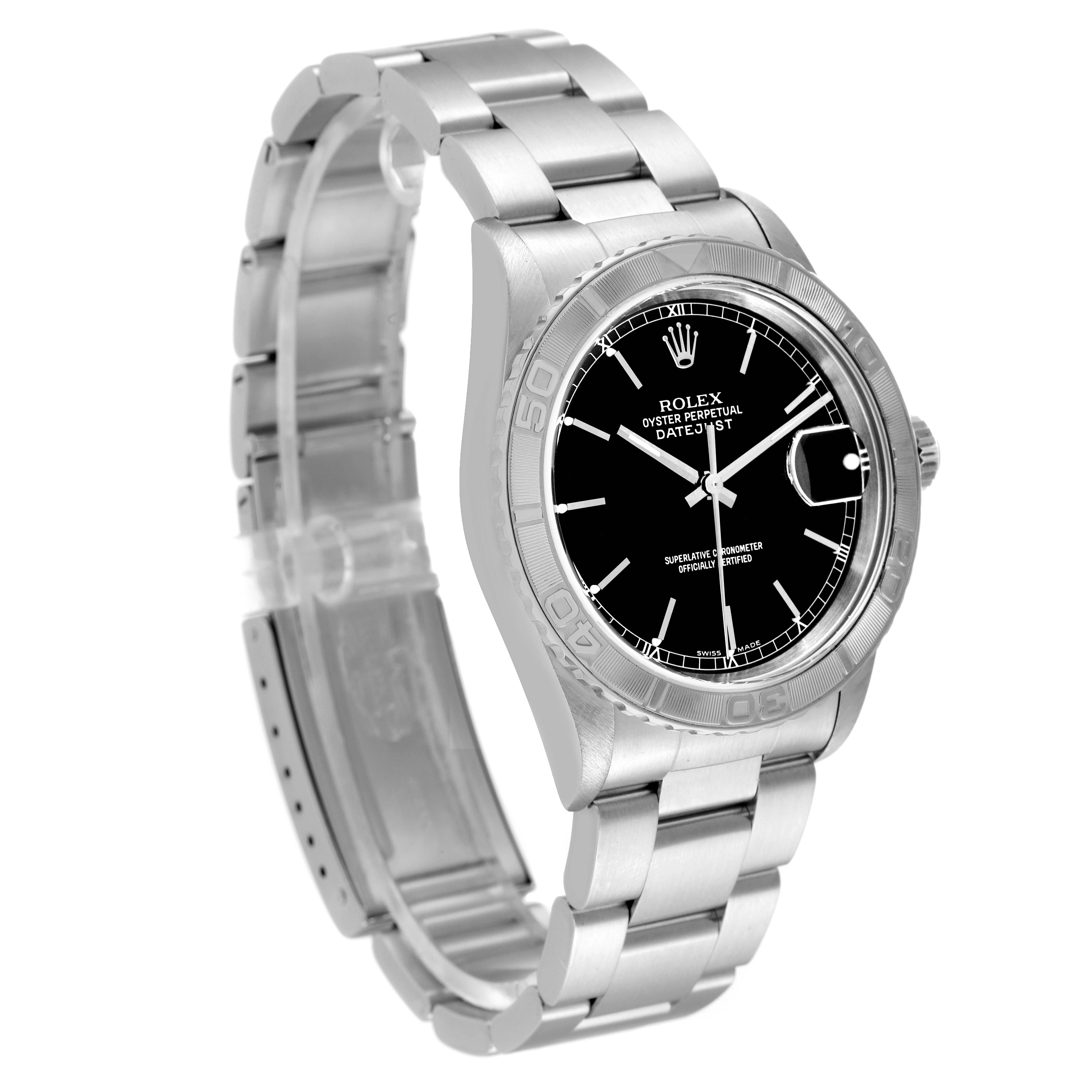The image shows a side-angle view of a Rolex Turn-o-Graph 16264 Men
s Stainless Steel Black Dial 16264 Men
s Stainless Steel Black Dial, highlighting the dial, bezel, and bracelet.