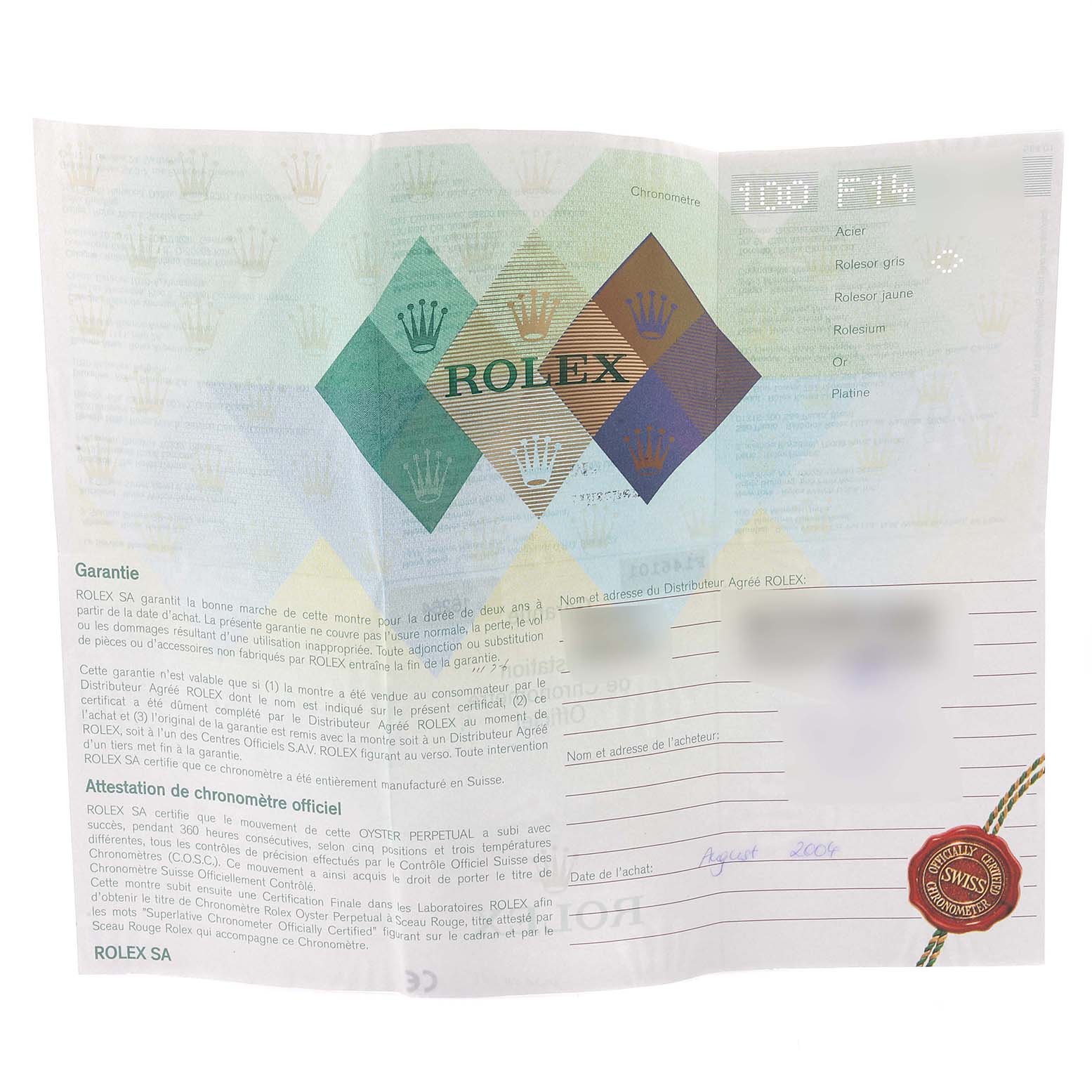 This image shows the warranty certificate for a Rolex Turn-o-Graph 16264 Men
s Stainless Steel Black Dial 16264 Men
s Stainless Steel Black Dial model, featuring brand logos and purchase details.