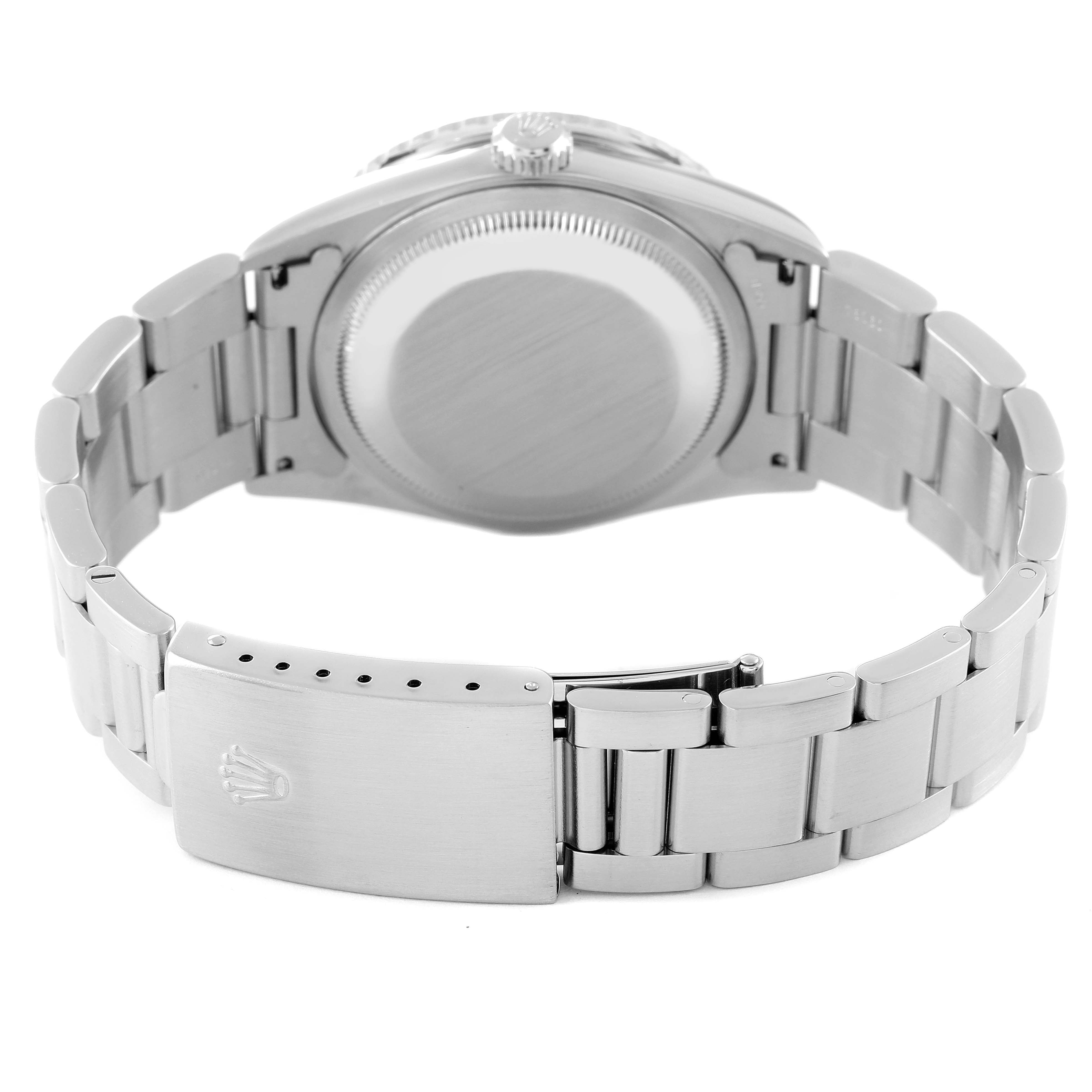 The image shows the back view and clasp of the Rolex Turn-o-Graph 16264 Men
s Stainless Steel Black Dial 16264 Men
s Stainless Steel Black Dial watch, highlighting the bracelet and case back.